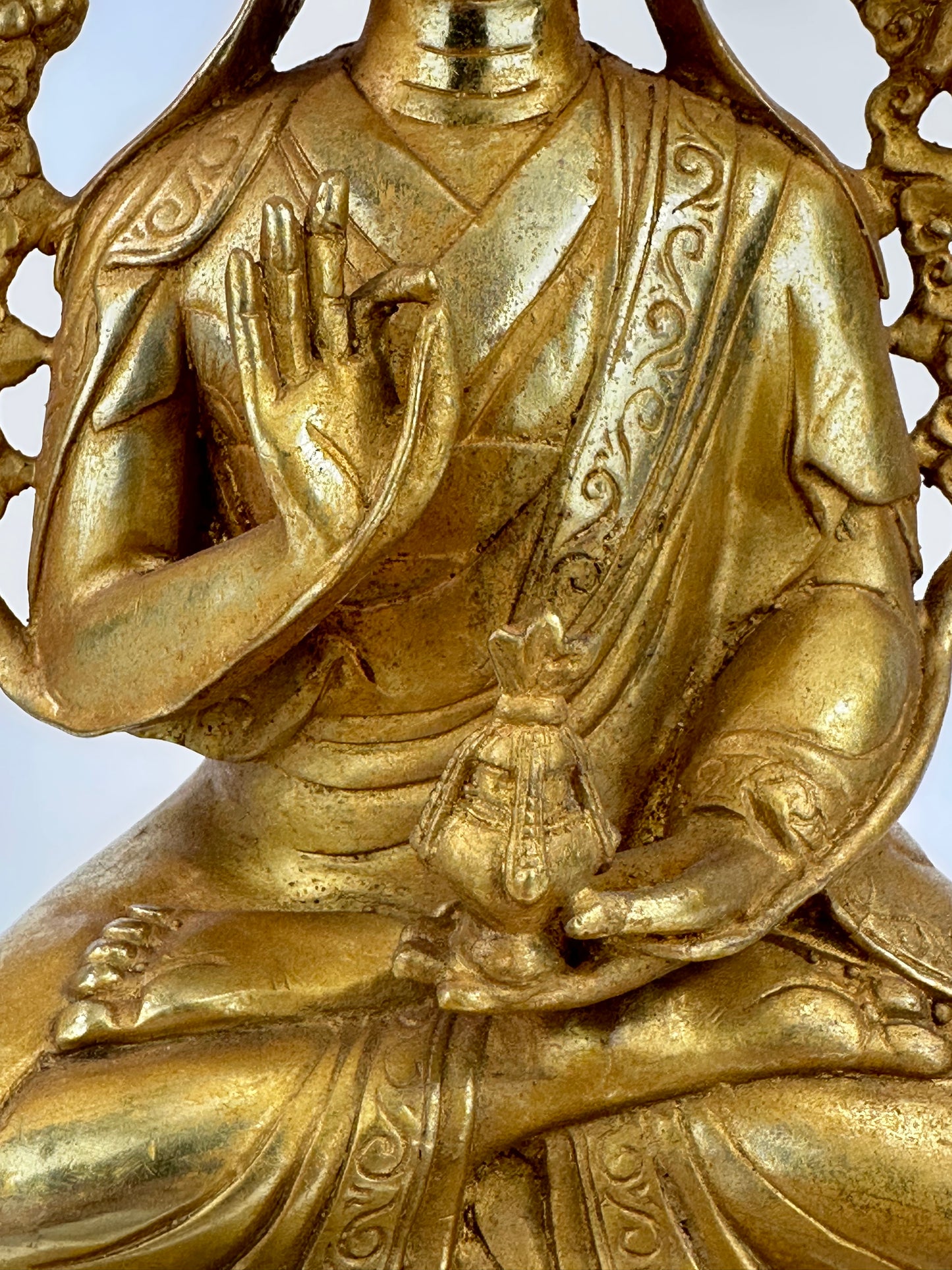 Vintage Tibetan Brass Figure of Tsongkhapa Buddhist Master 9.5"H LS#092