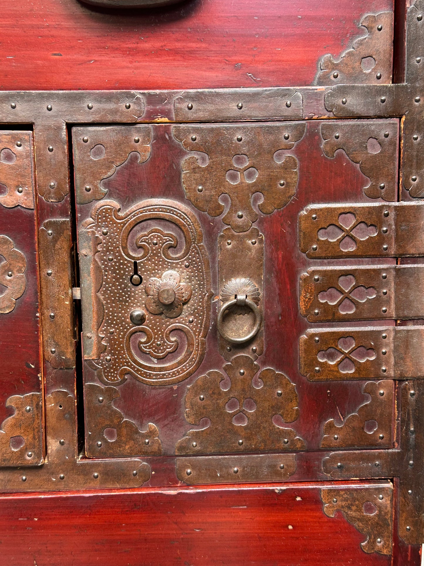 Antique Japanese Meiji Era c1890's Matsumoto Tansu Persimmon & Vermilion Finish 41"H