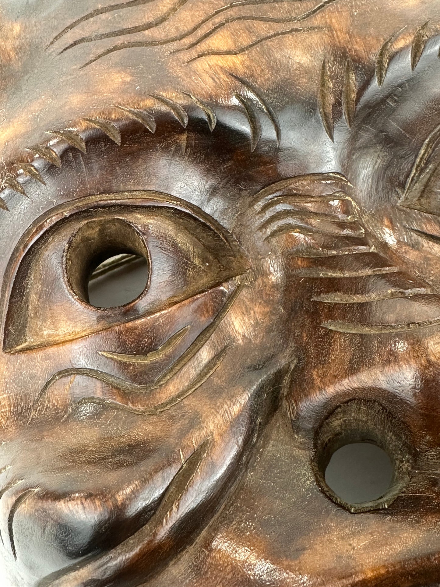 Vintage Japanese c1950's Folk Art Oni Mask Hand Carved Wood Wall Hanging 13"