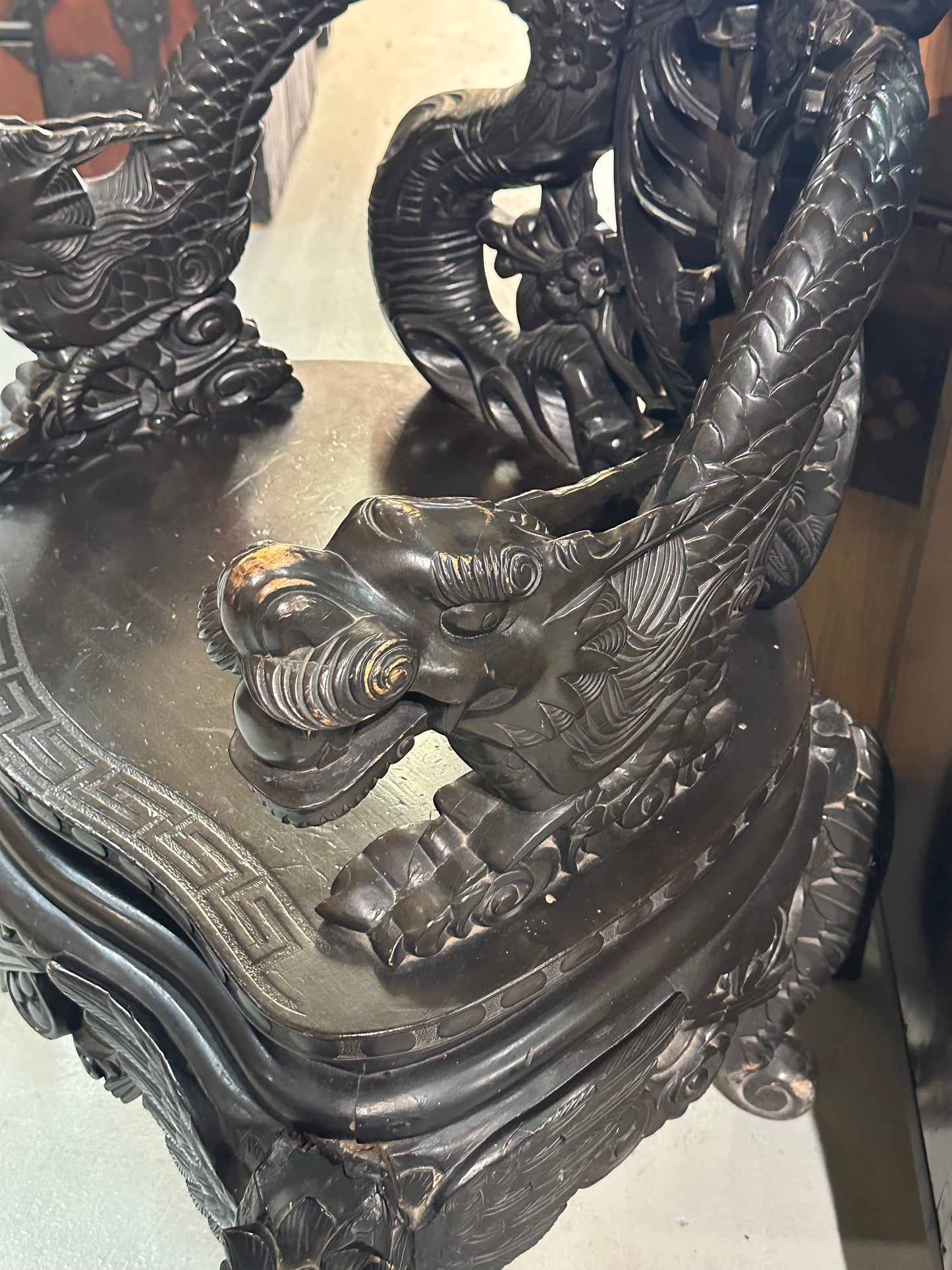 Japanese Dragon-Carved Export Armchair in Sugi Wood Meiji Era, c.1900 18.5" Seat