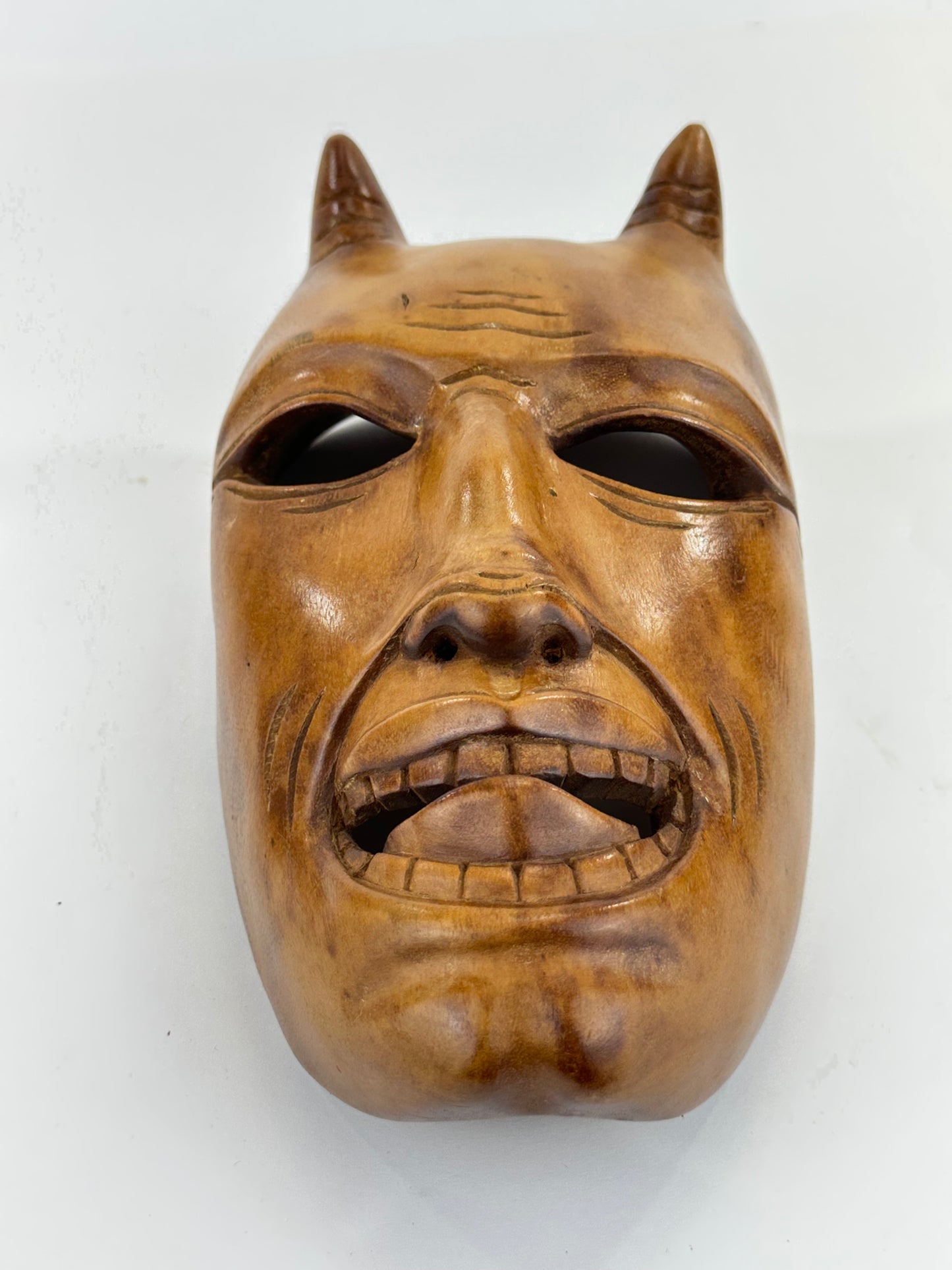 Vintage Japanese c1950's Folk Art Oni Mask Hand Carved Wood Wall Hanging 12"
