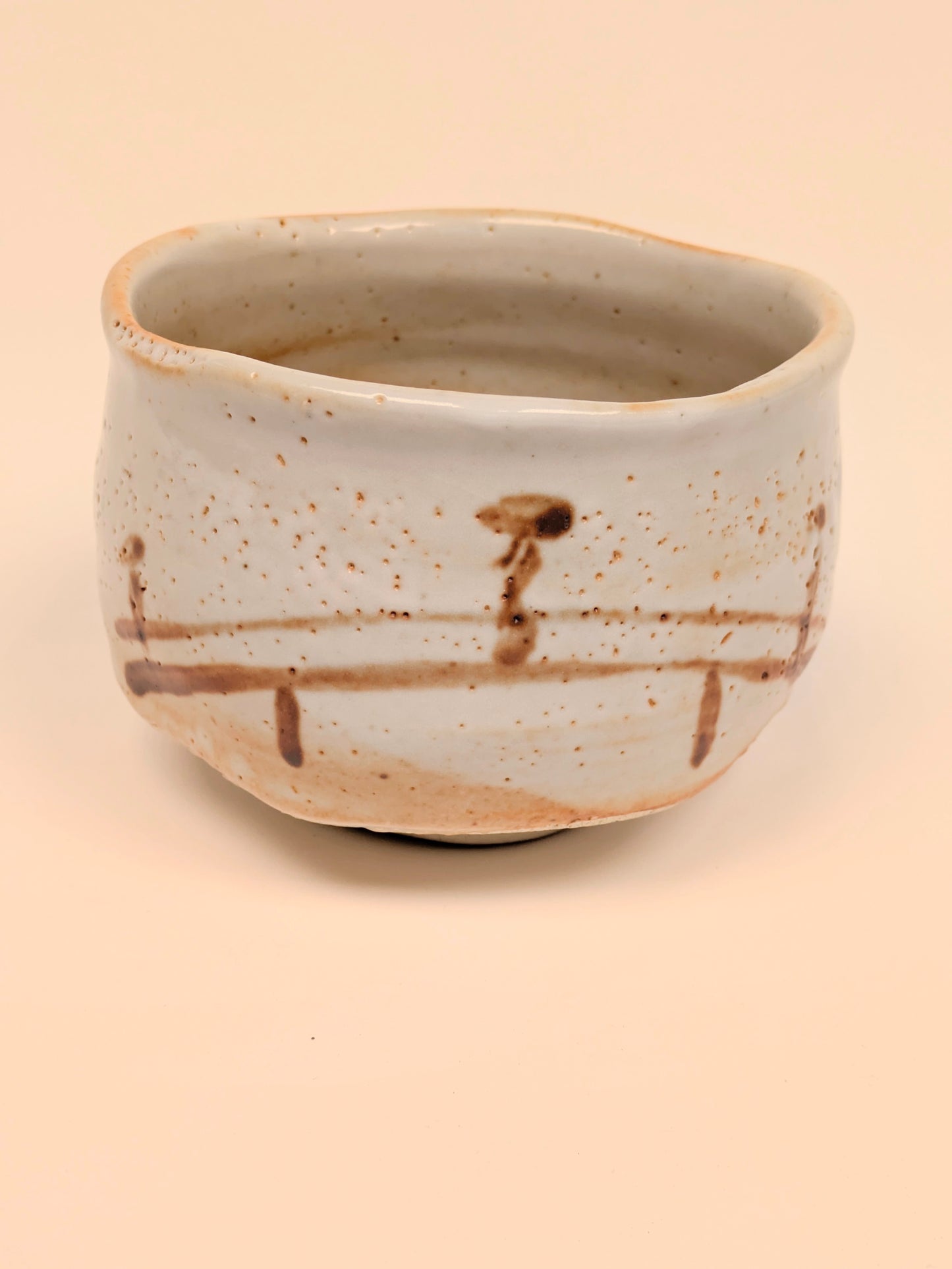 Vintage Japanese Shino Chawan Tea Ceremony Bowl Ceramic 4.75" w/ Kiri Wood Box