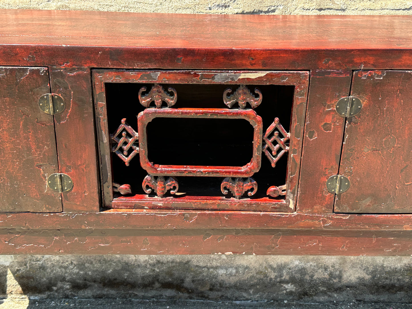 Antique Chinese Qing Red Lacquer Low Sideboard Cabinet Pierced Panel 62"W LS#150