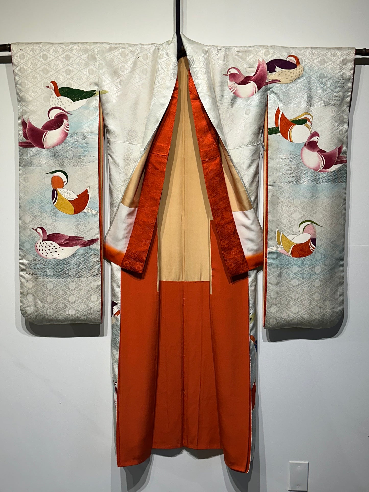 Vintage Japanese Furisode Silk Kimono Wood Duck Motif