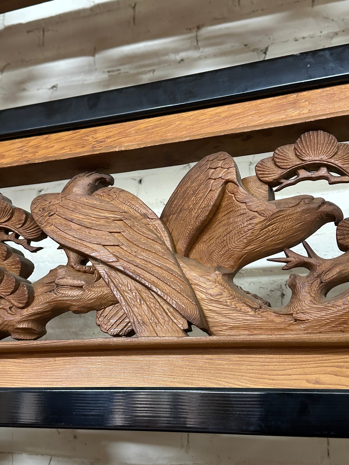 Vintage Japanese Ranma PAIR Falcons & Pines Carved Transom Screen Sugi Wood 73"