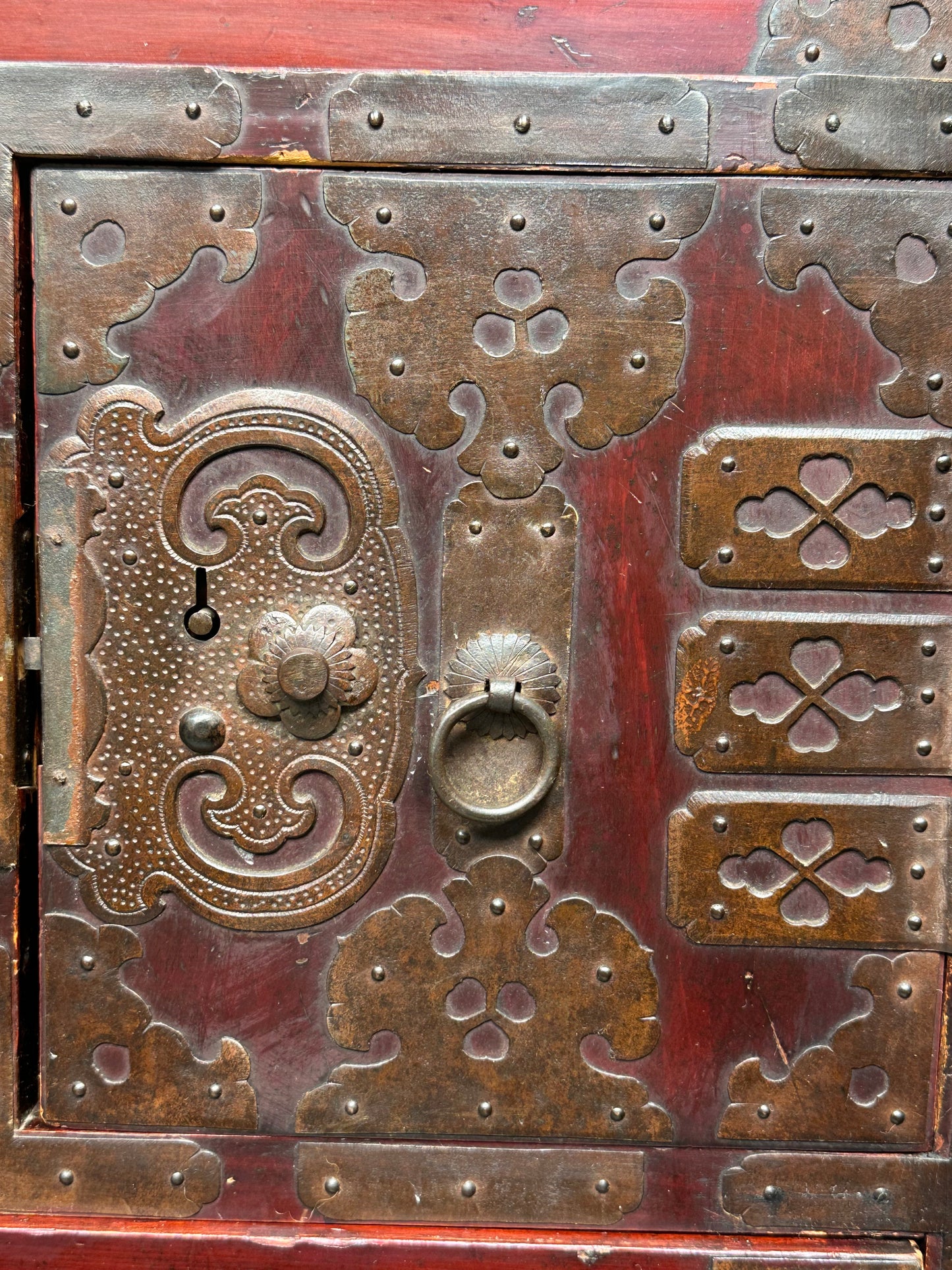 Antique Japanese Meiji Era c1890's Matsumoto Tansu Persimmon & Vermilion Finish 41"H