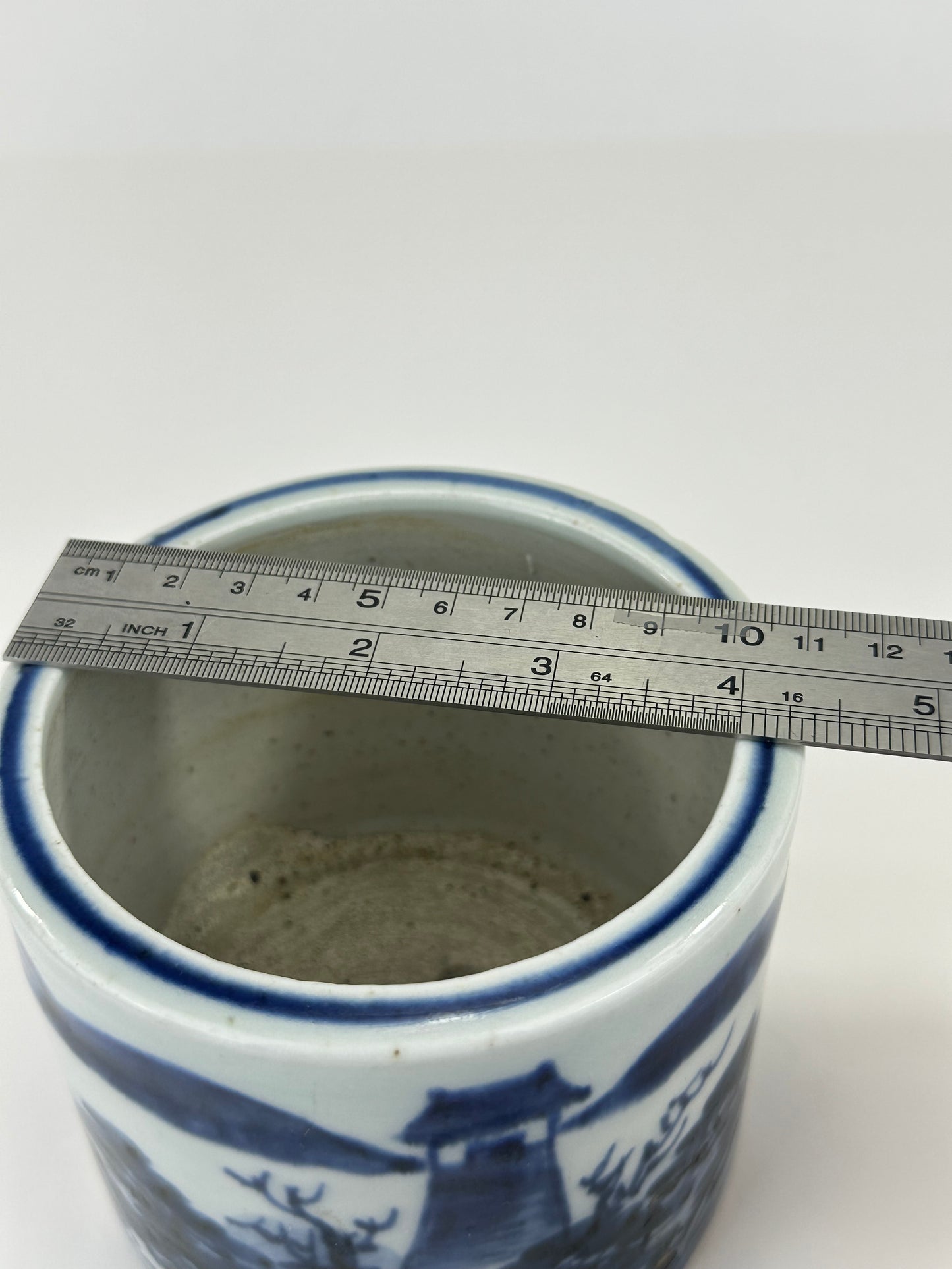 Antique Chinese Qing Period Blue & White Porcelain Brush Pot 4.5"W