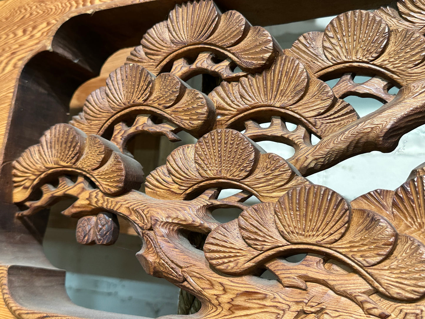 Vintage Japanese Ranma PAIR Falcons & Pines Carved Transom Screen Sugi Wood 73"