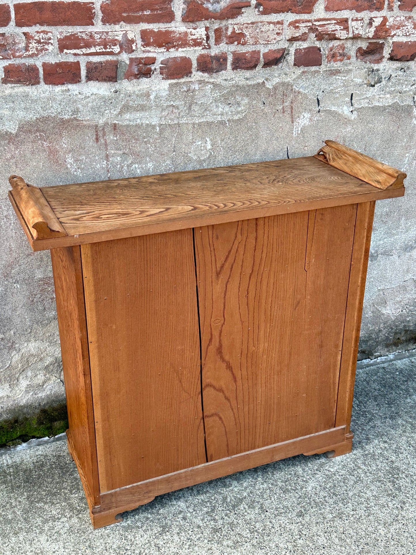 Rare Antique Japanese Keyaki Chadansu c1937 Cabinet Carved Crane & Turtle Finials Persimmon Trim 36"W