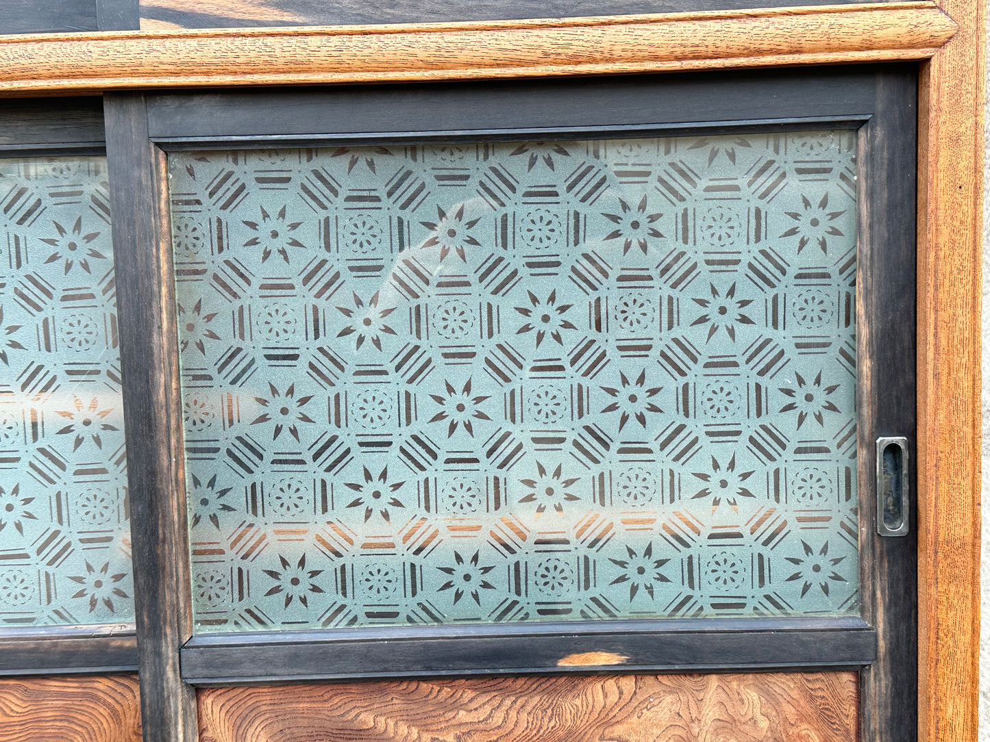 Rare Antique Japanese Keyaki Chadansu c1937 Cabinet Carved Crane & Turtle Finials Persimmon Trim 36"W