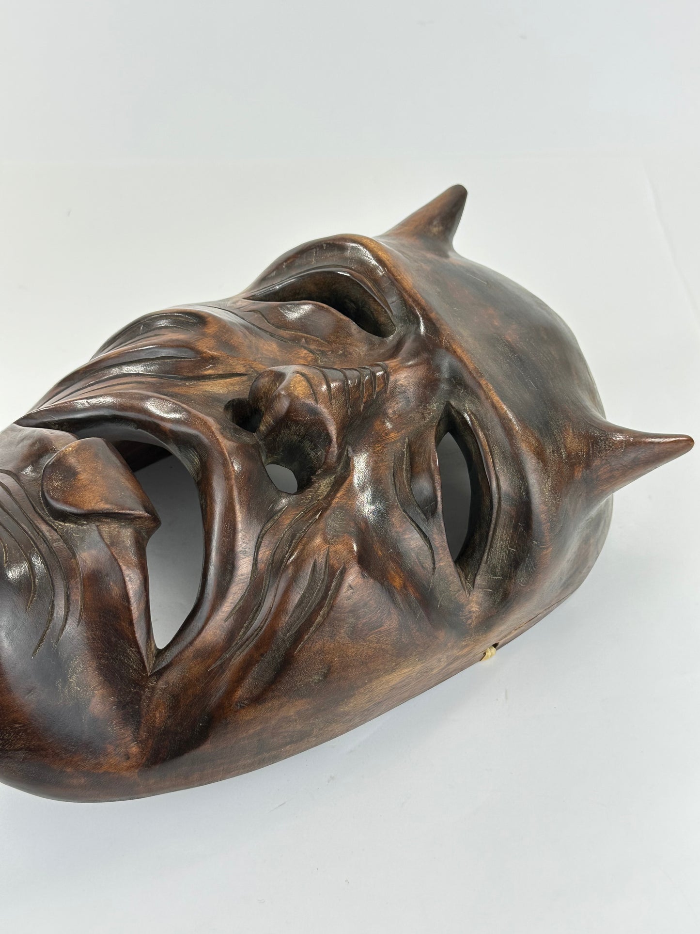 Vintage Japanese c1950's Folk Art Oni Mask Hand Carved Wood Wall Hanging 13"