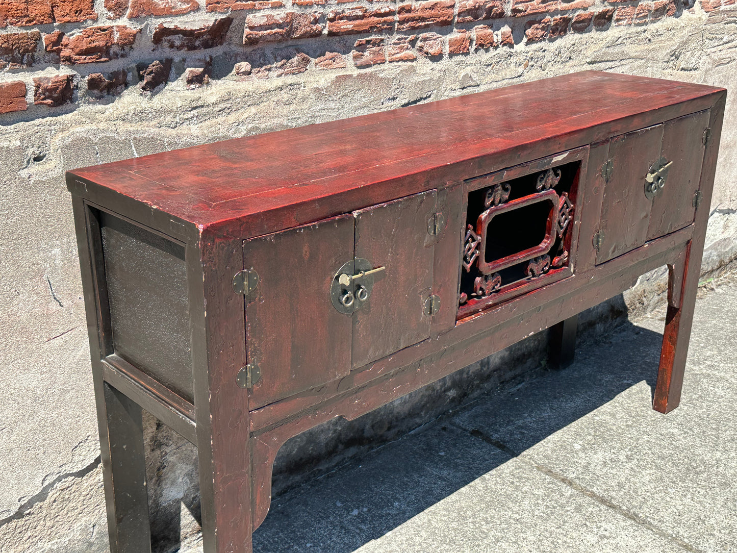 Antique Chinese Qing Red Lacquer Low Sideboard Cabinet Pierced Panel 62"W LS#150