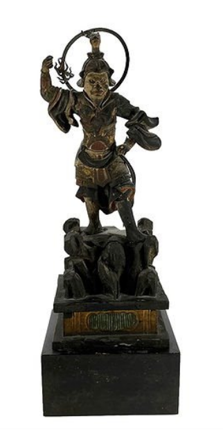 Antique Japanese Bishamonten (Vaiśravaṇa) Guardian King Statue Edo period (17th–19th century) Carved Wood w polychrome and gilding LS#047