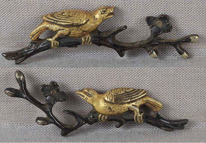 Menuki Pair – Crows on Plum Blossom Branches Japan, Edo period Shakudō with gilt details Samurai Sword Ornament LS061