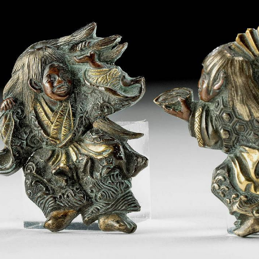 Antique Japanese Edo Period Menuki Pair Depicting Noh Dancers 2pc 19th C. 2"
