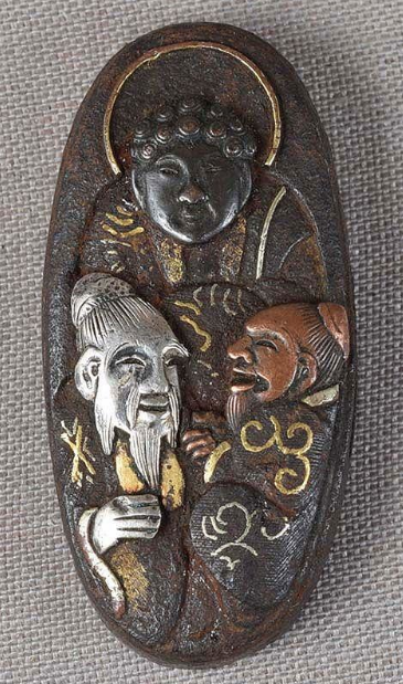 Japanese Samurai Sword Kashira Gold Ornament 19c Buddha Confucius Lao-Tze LS #074