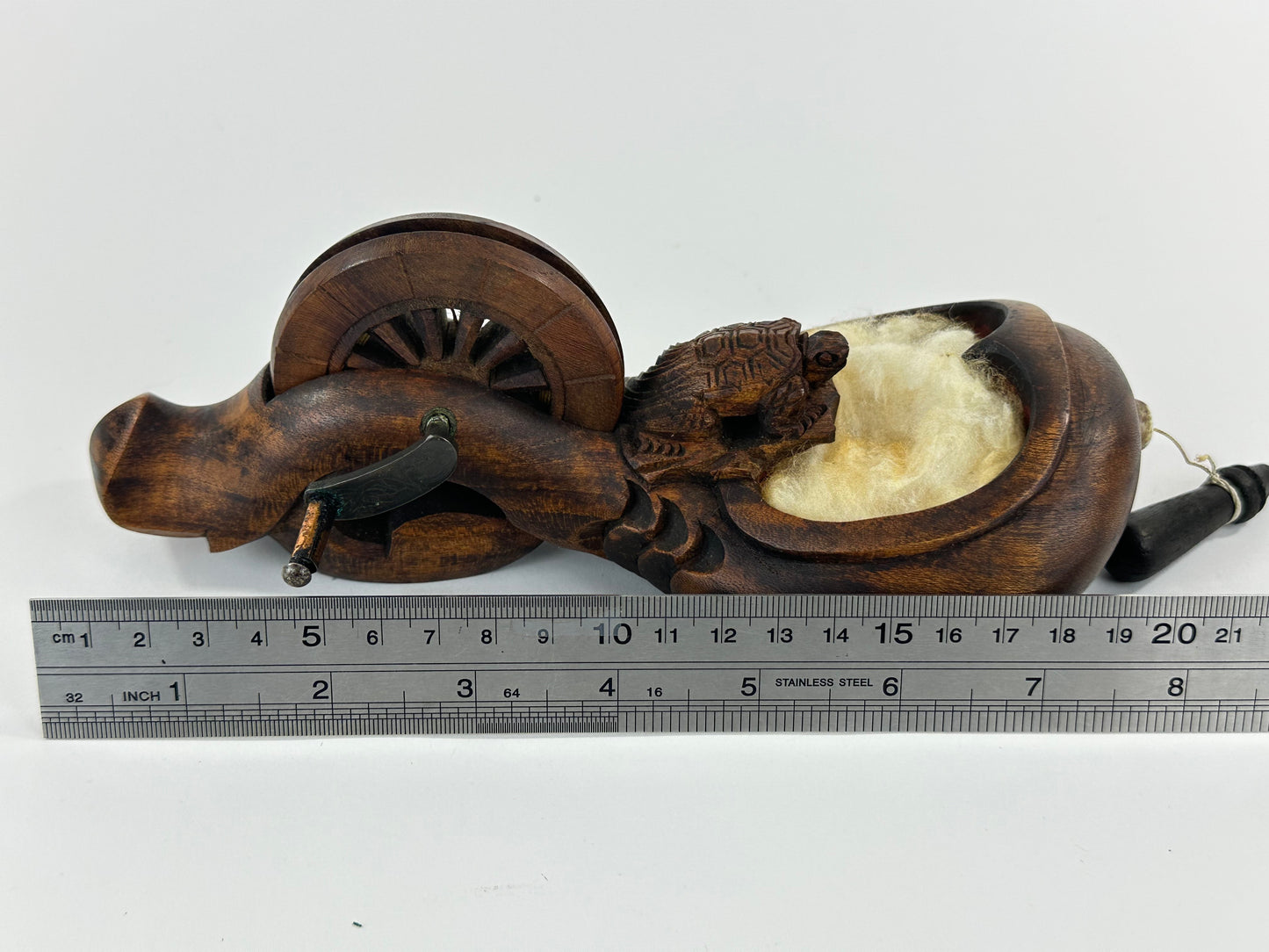 Vintage Japanese Carved Wood Sumitsubo Ink-Line Tool with Turtle Motif 8"