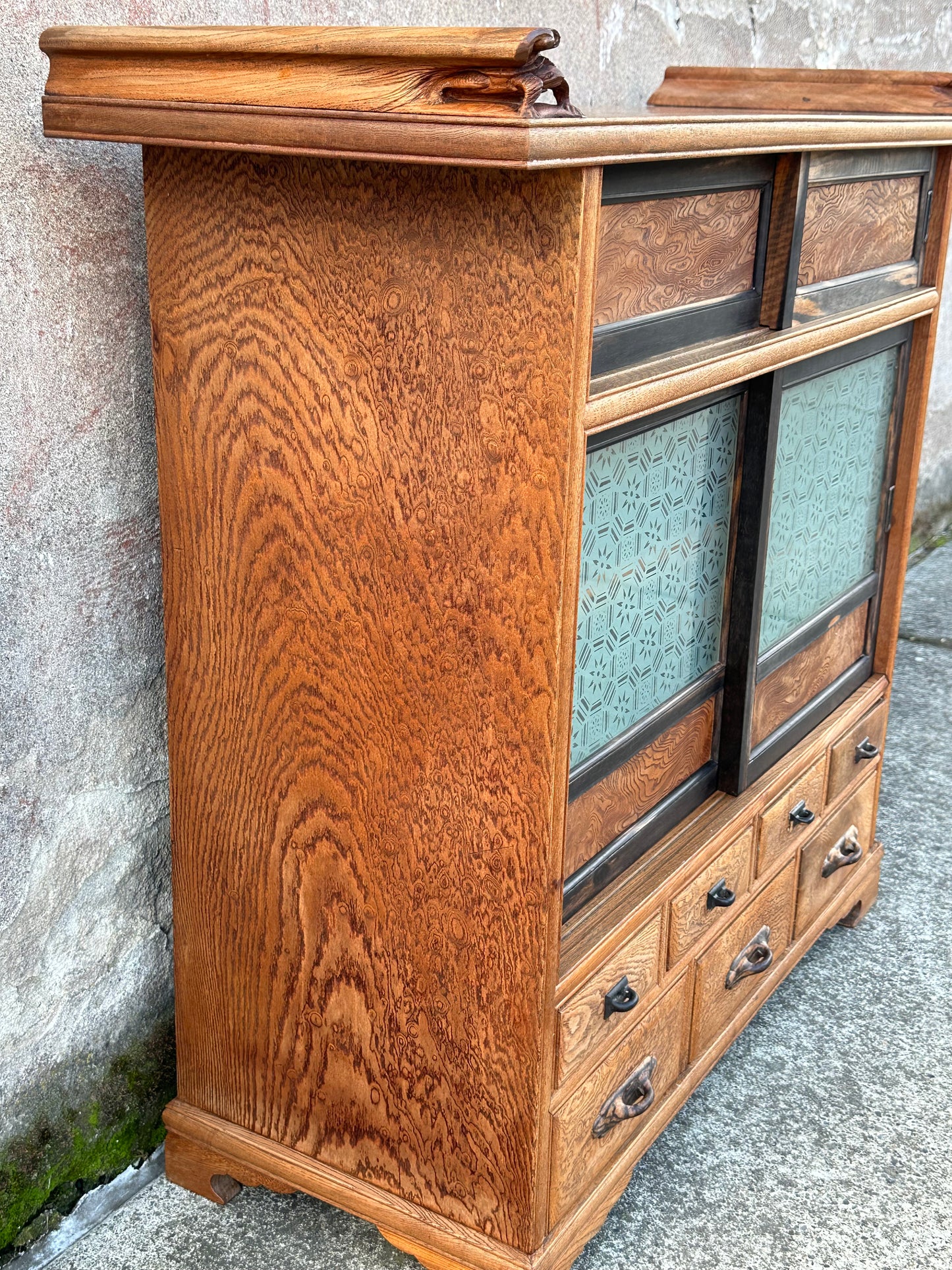 Rare Antique Japanese Keyaki Chadansu c1937 Cabinet Carved Crane & Turtle Finials Persimmon Trim 36"W