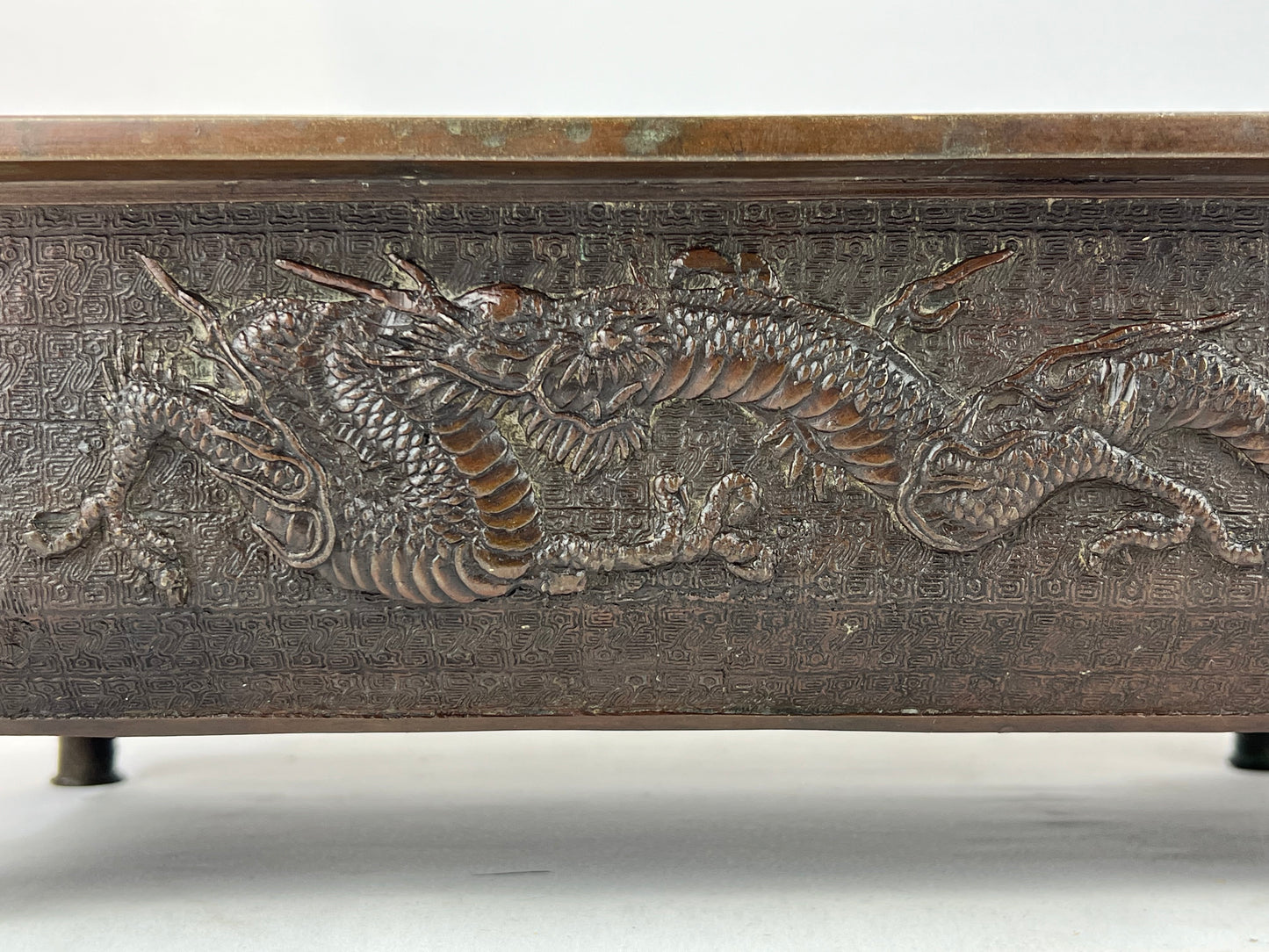 Antique Japanese Bronze Ikebana Vase Dragon & Phoenix Motif 19"