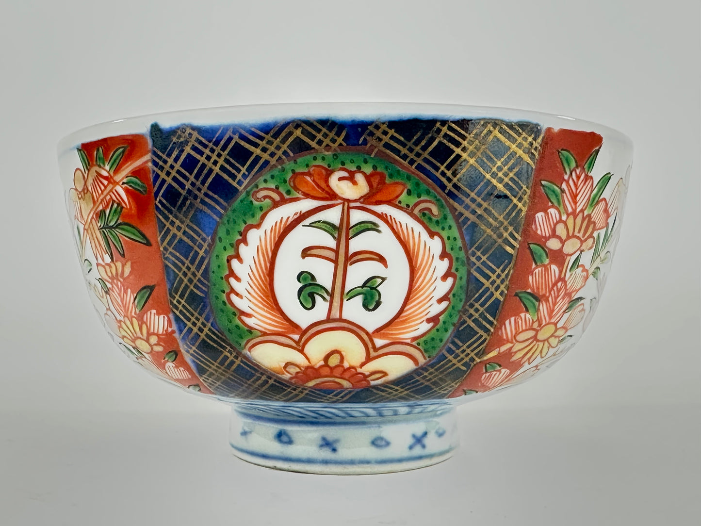 Antique Japanese Imari Style Handpainted Bowl with Gilded Floral Panels 4¾"W