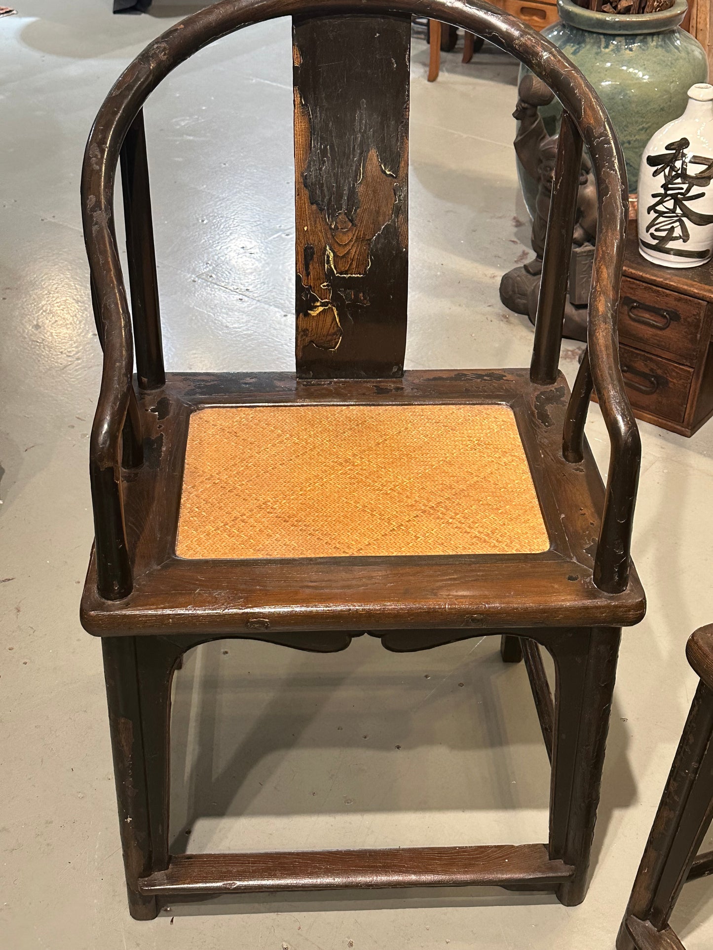 Antique Chinese Qing Dynasty Horseshoe Chairs x2 Yumu Wood Black Lacquer 38”
