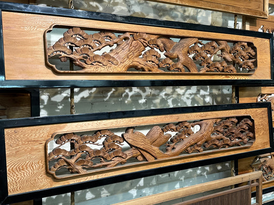 Vintage Japanese Ranma PAIR Falcons & Pines Carved Transom Screen Sugi Wood 73"