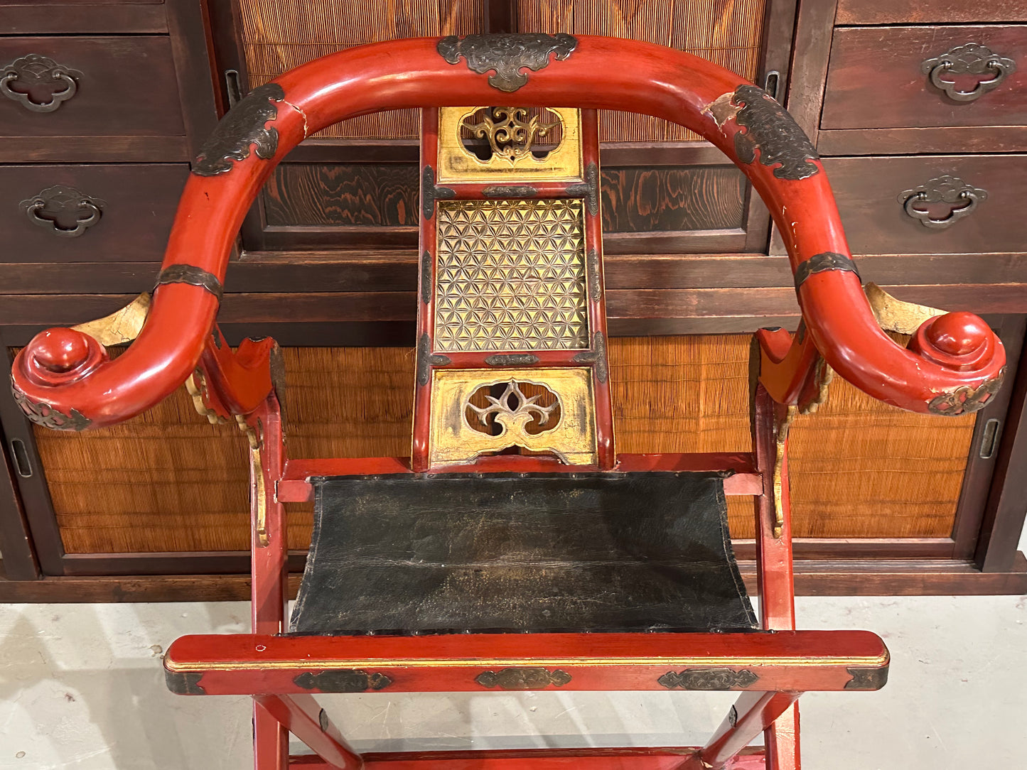 Rare Antique Japanese Edo Era (early 1800's) Red Lacquer Folding Chair 41"