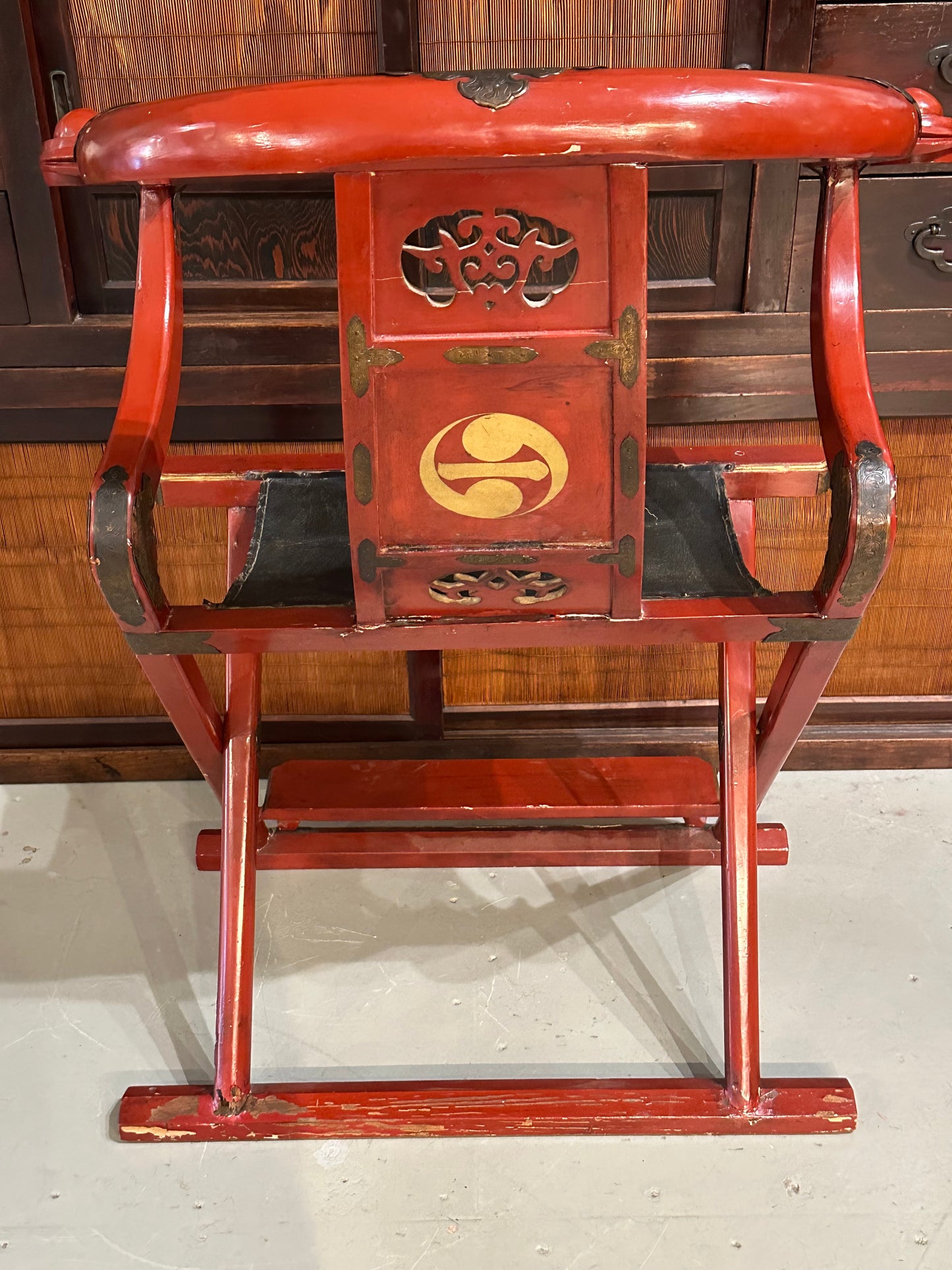 Rare Antique Japanese Edo Era (early 1800's) Red Lacquer Folding Chair 41"