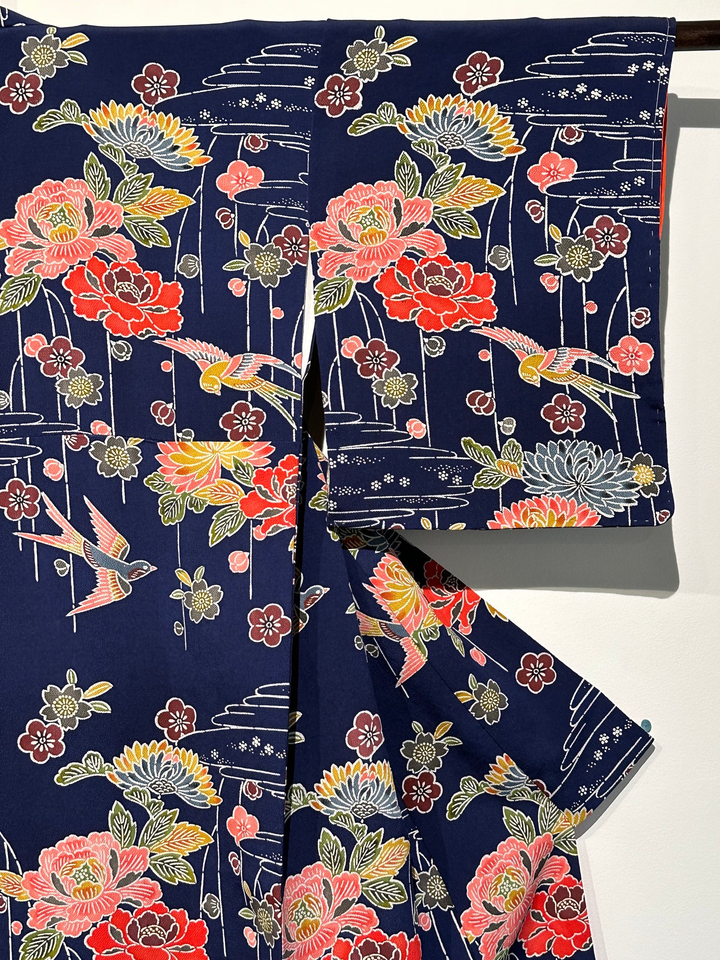 Japanese Chirimen Silk Houmongi Kimono w/ Sparrows & Peonies Dark Blue