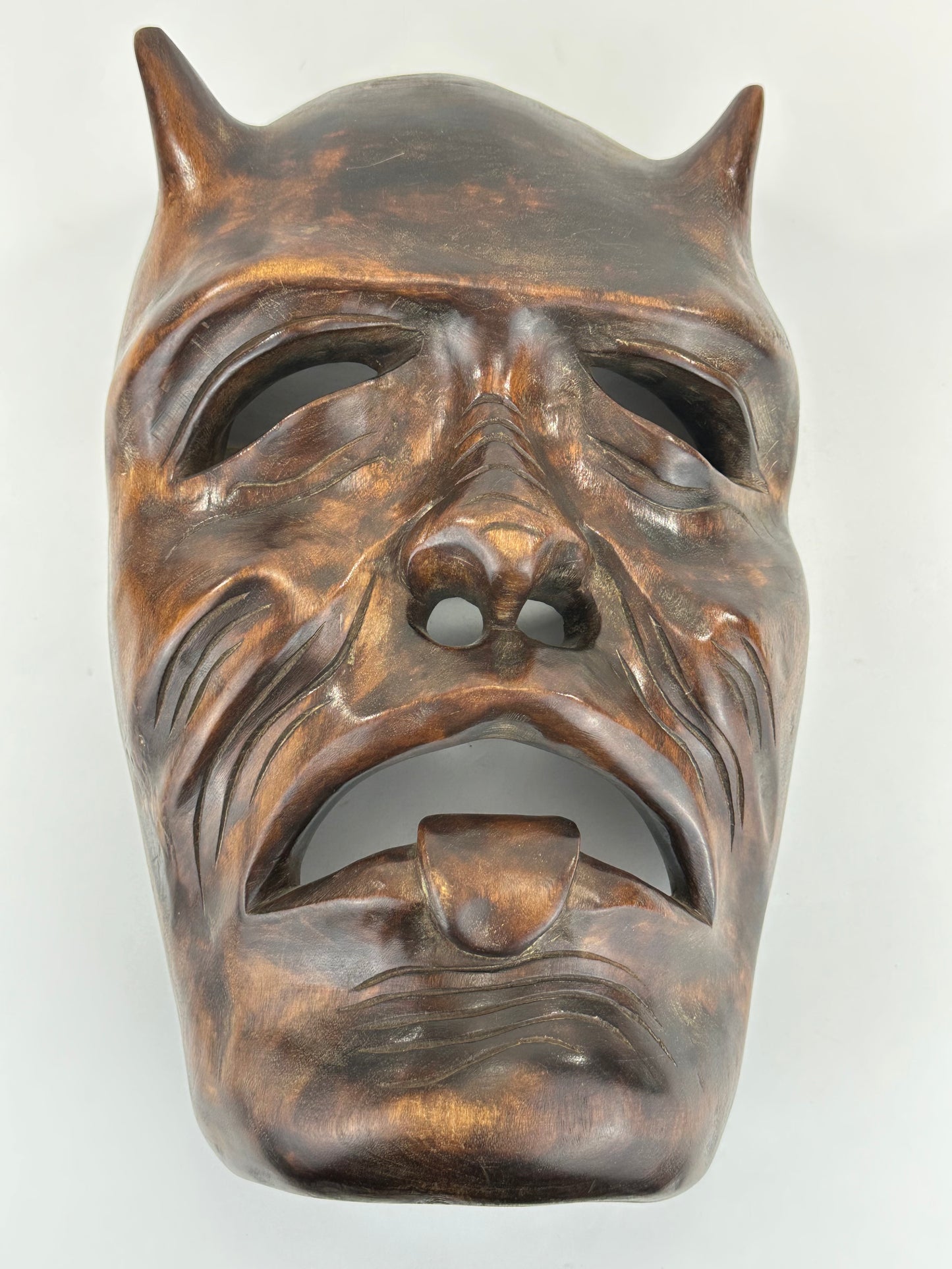 Vintage Japanese c1950's Folk Art Oni Mask Hand Carved Wood Wall Hanging 13"