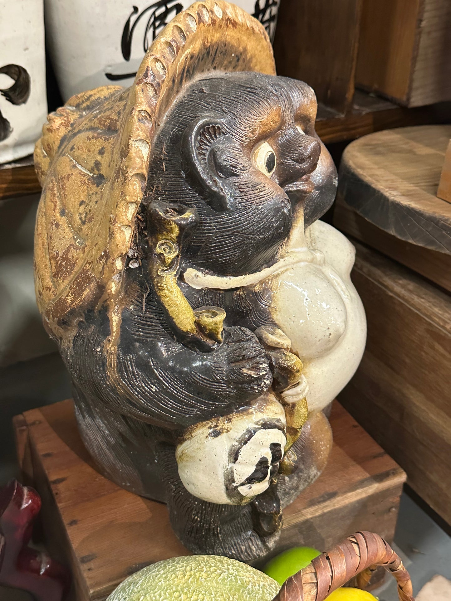 Vintage Japanese Ceramic Tanuki Statue Abundance & Prosperity 15"Hx11W"
