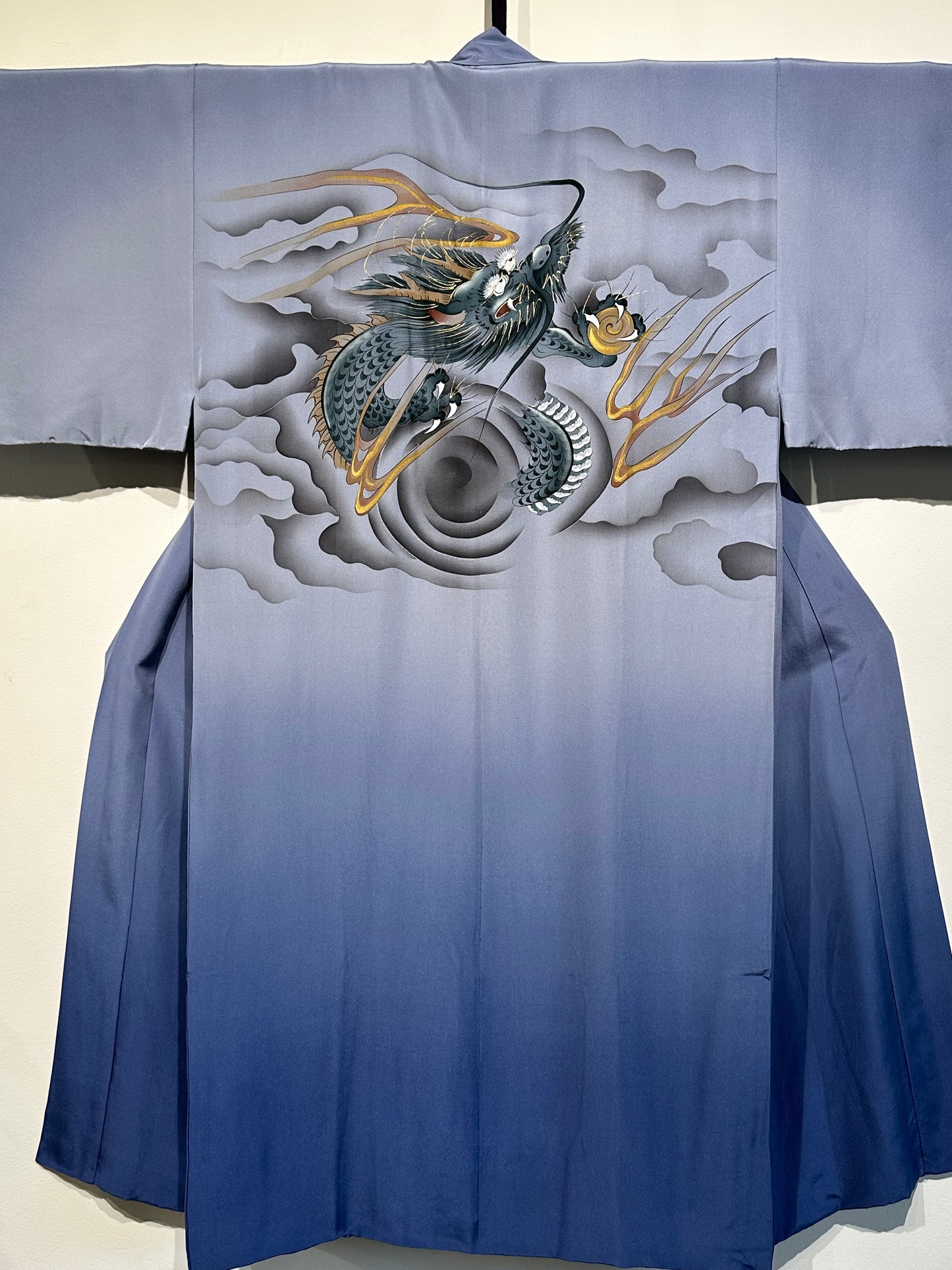 Japanese Silk Kimono Men's Juban Hand Painted Dragon Soft Navy Blue