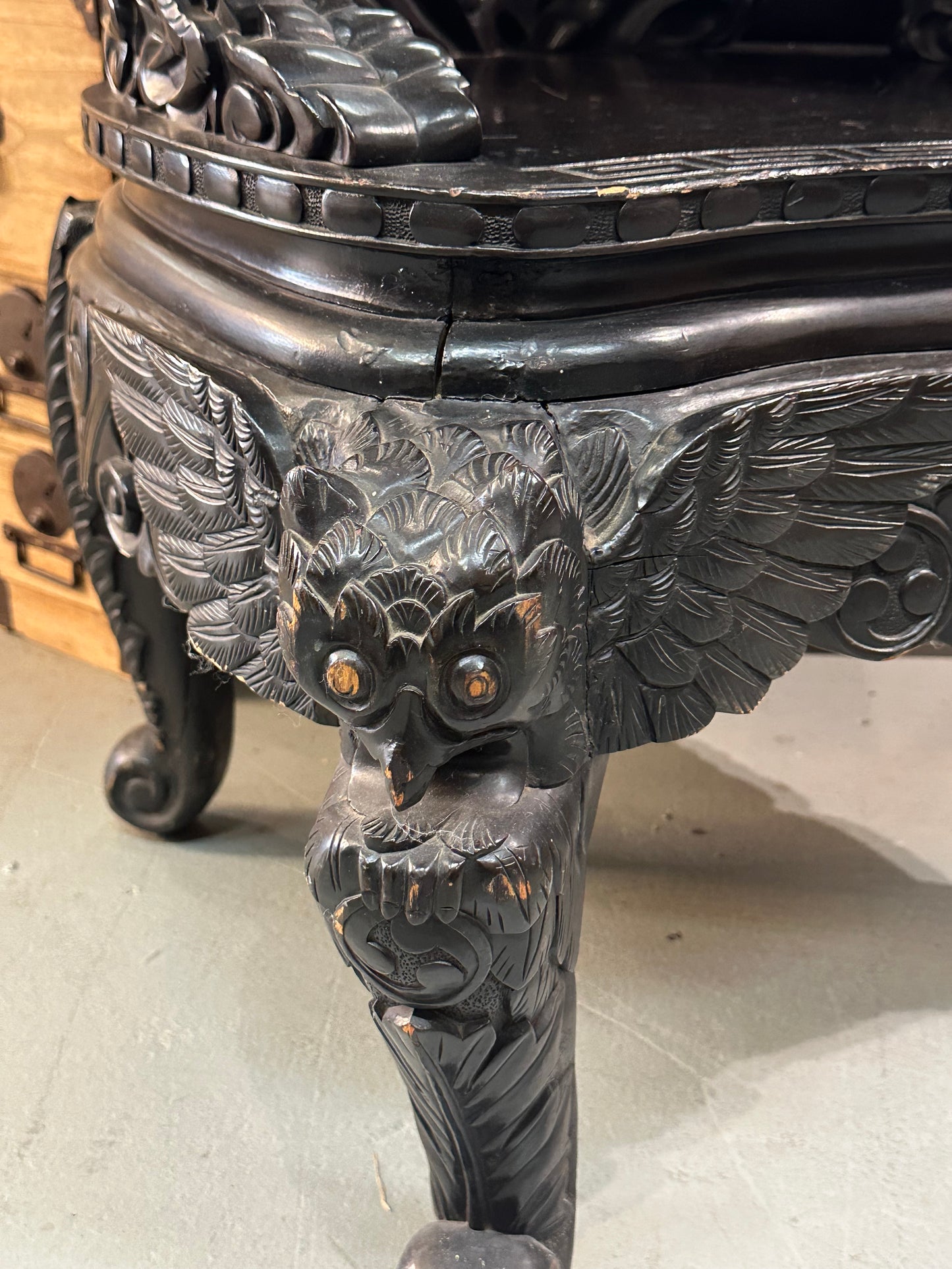Japanese Dragon-Carved Export Armchair in Sugi Wood Meiji Era, c.1900 18.5" Seat