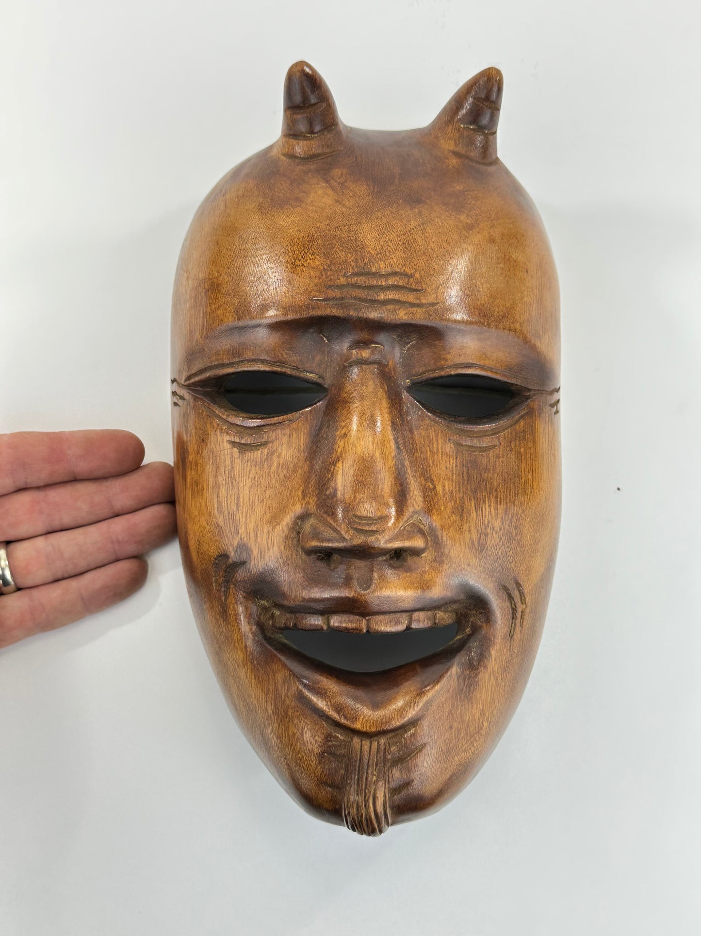 Vintage Japanese c1950's Folk Art Oni Mask Hand Carved Wood Wall Hanging 11"