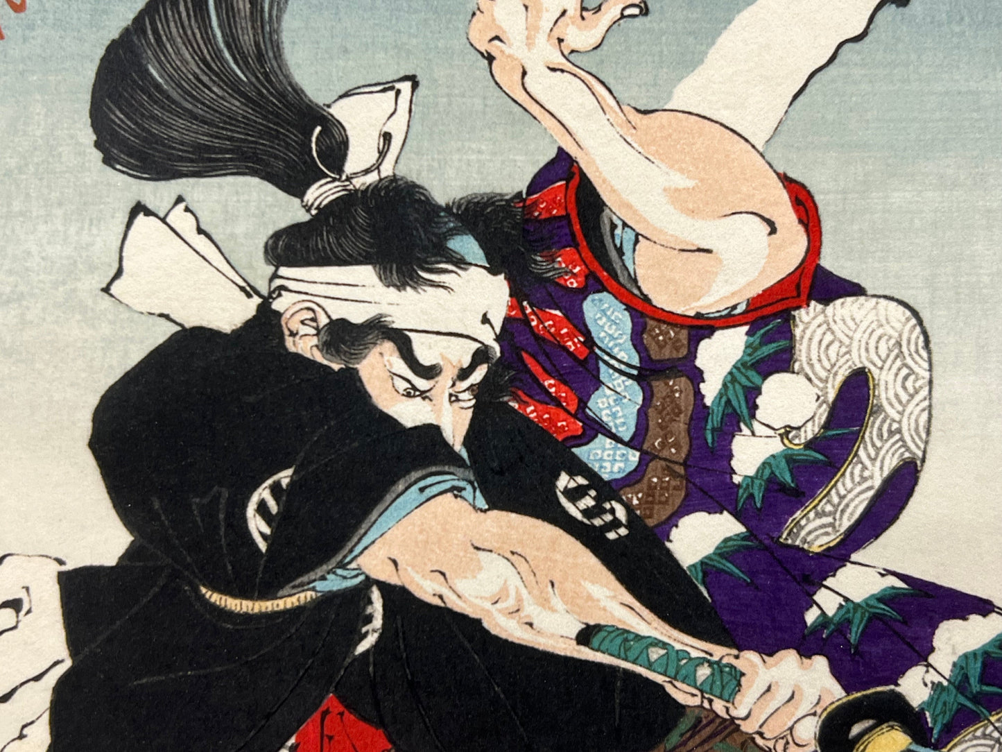 Original Yoshitoshi Woodblock Print Samurai 100 Views of the Moon "Dawn Moon & Tumbling Snow"