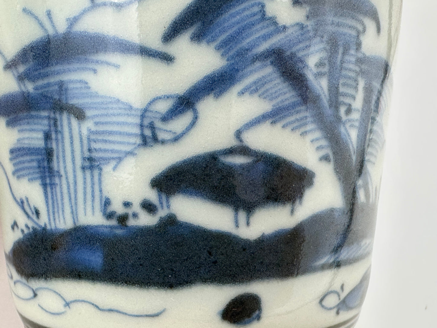 Antique Japanese Late Edo Period Blue & White Porcelain Sobachoko Cup Landscape Design