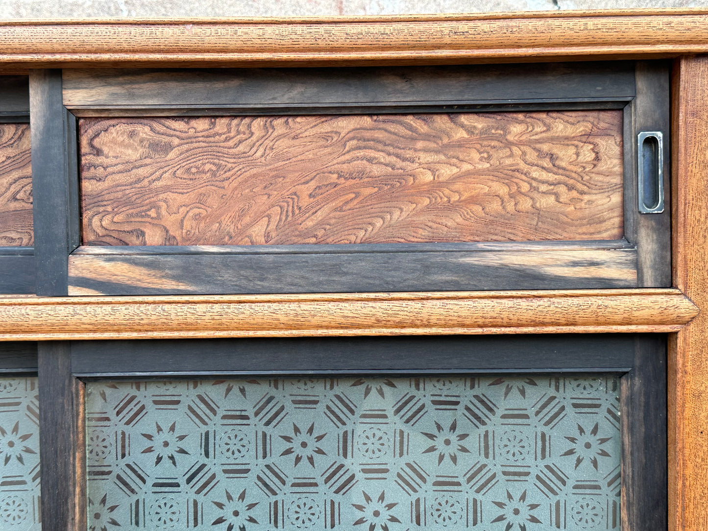 Rare Antique Japanese Keyaki Chadansu c1937 Cabinet Carved Crane & Turtle Finials Persimmon Trim 36"W