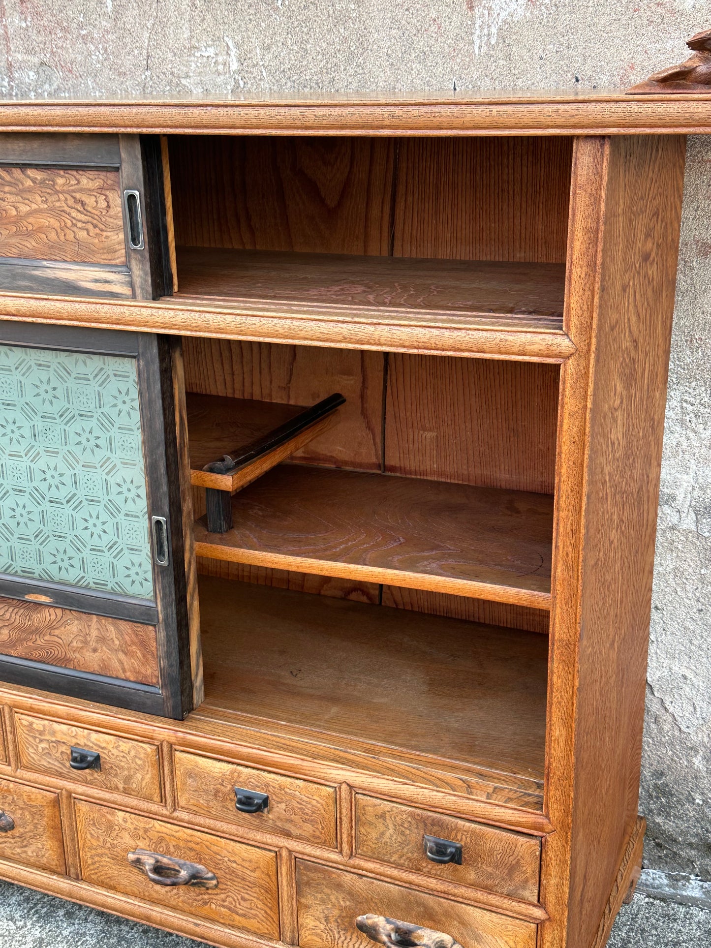 Rare Antique Japanese Keyaki Chadansu c1937 Cabinet Carved Crane & Turtle Finials Persimmon Trim 36"W