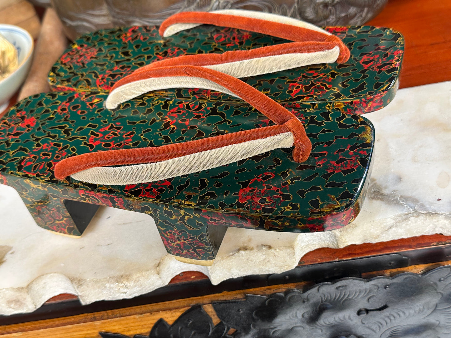 Antique Japanese Lacquered Nurigeta Marbled Lacquer Velvet Straps Pair 9"L