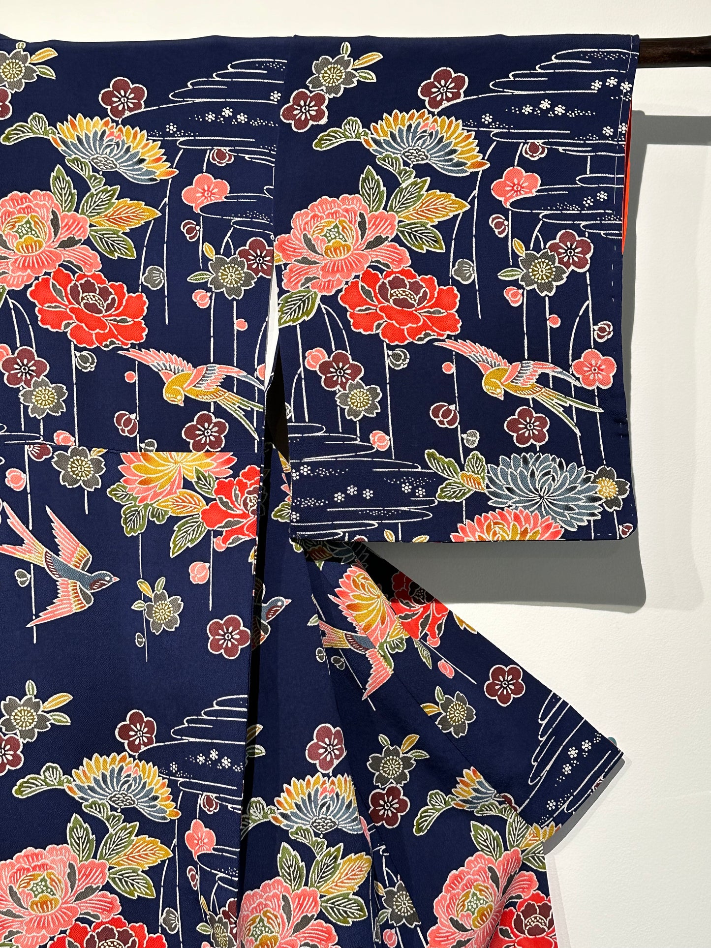 Japanese Chirimen Silk Houmongi Kimono w/ Sparrows & Peonies Dark Blue