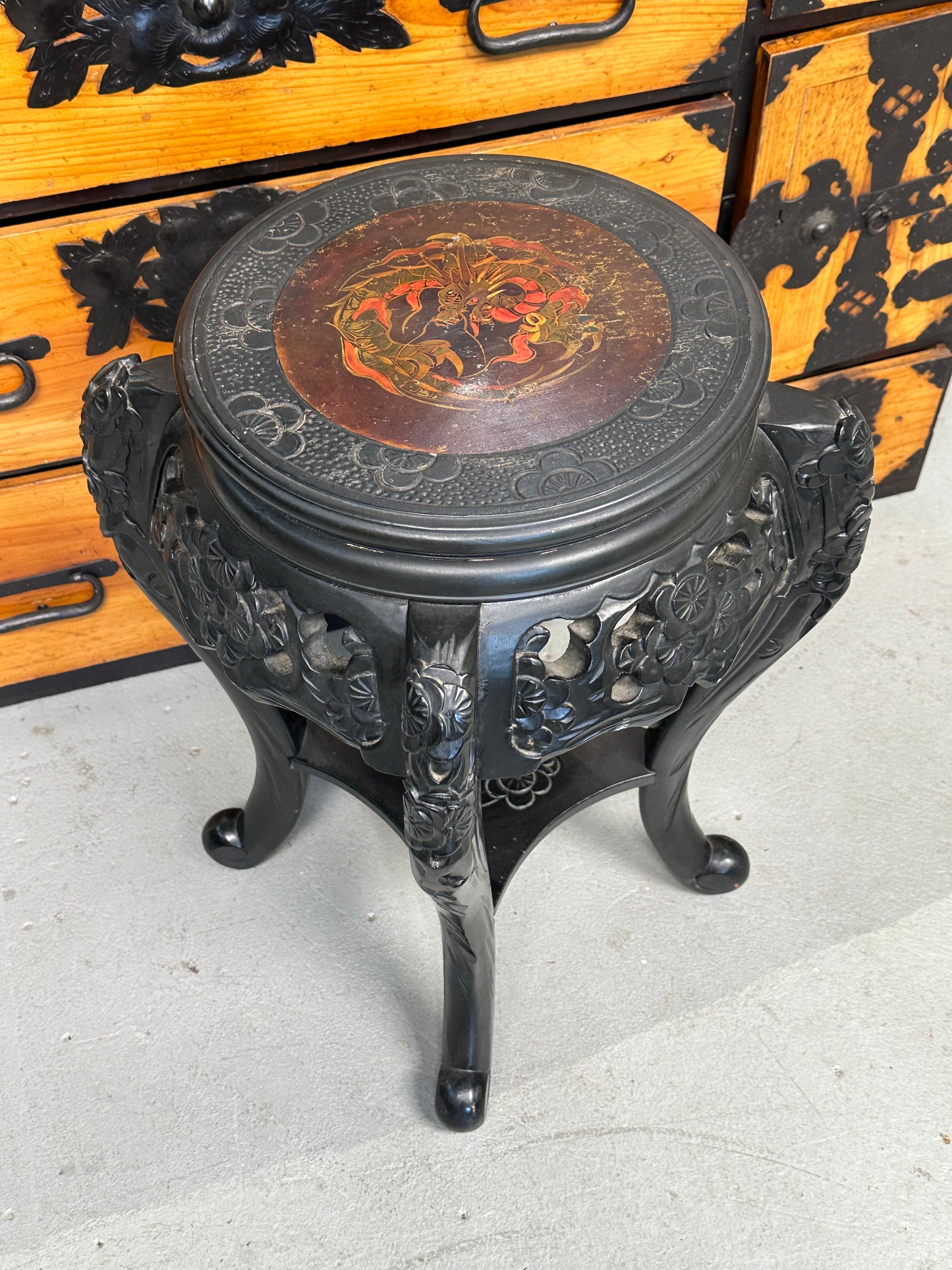 Chinese Carved Hardwood Plant/Vase Stand Lacquered Top w/ Dragon Medallion 24"H