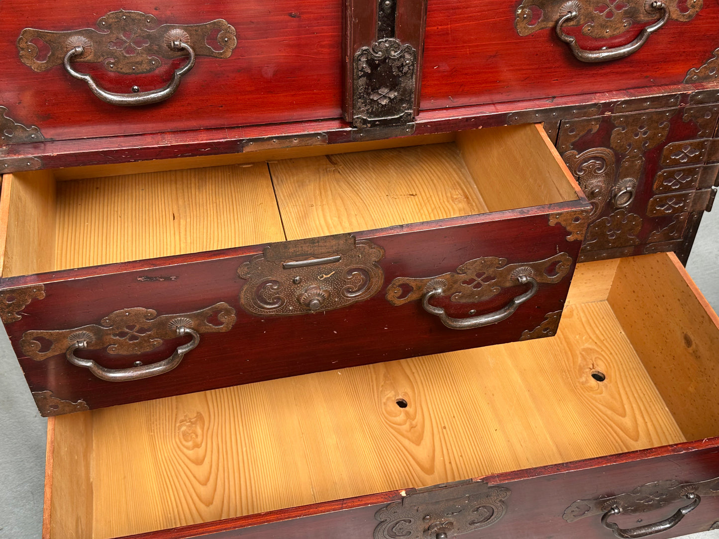 Antique Japanese Meiji Era c1890's Matsumoto Tansu Persimmon & Vermilion Finish 41"H