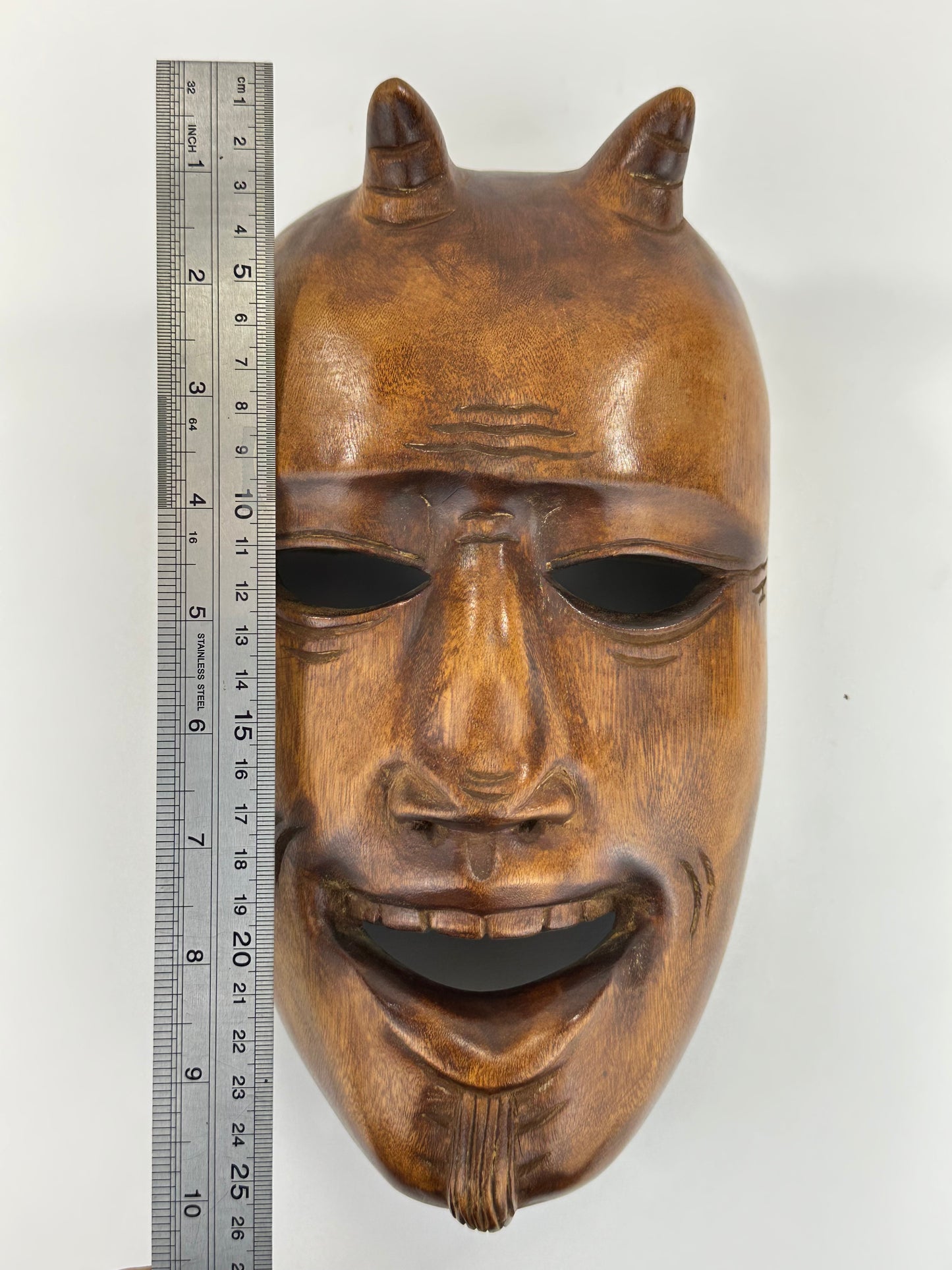 Vintage Japanese c1950's Folk Art Oni Mask Hand Carved Wood Wall Hanging 11"