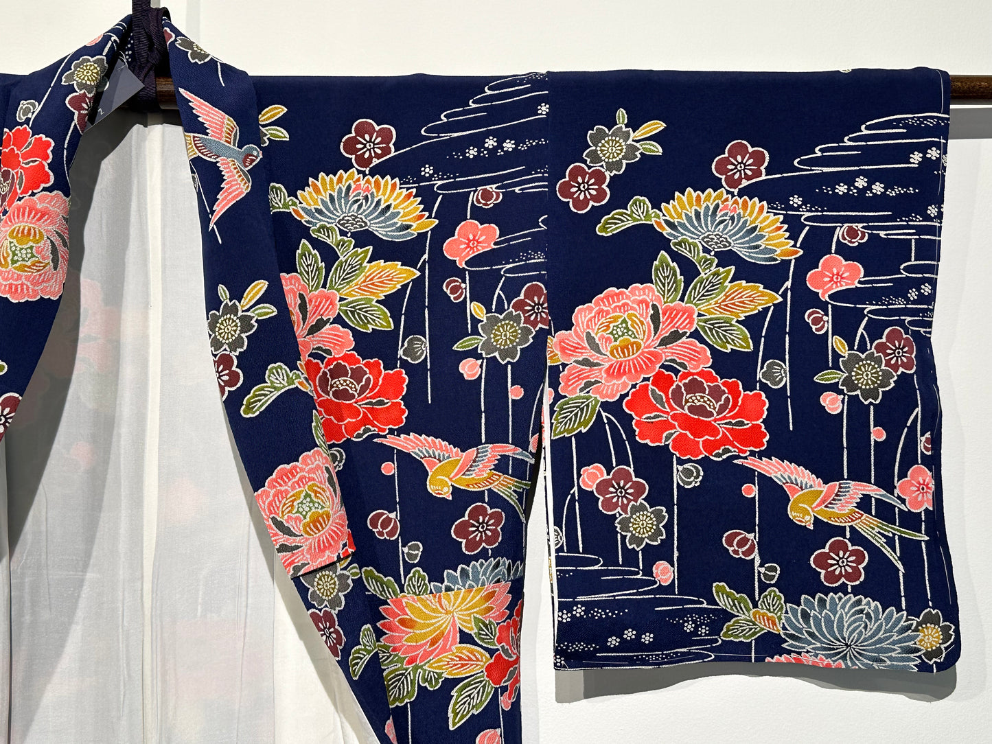 Japanese Chirimen Silk Houmongi Kimono w/ Sparrows & Peonies Dark Blue