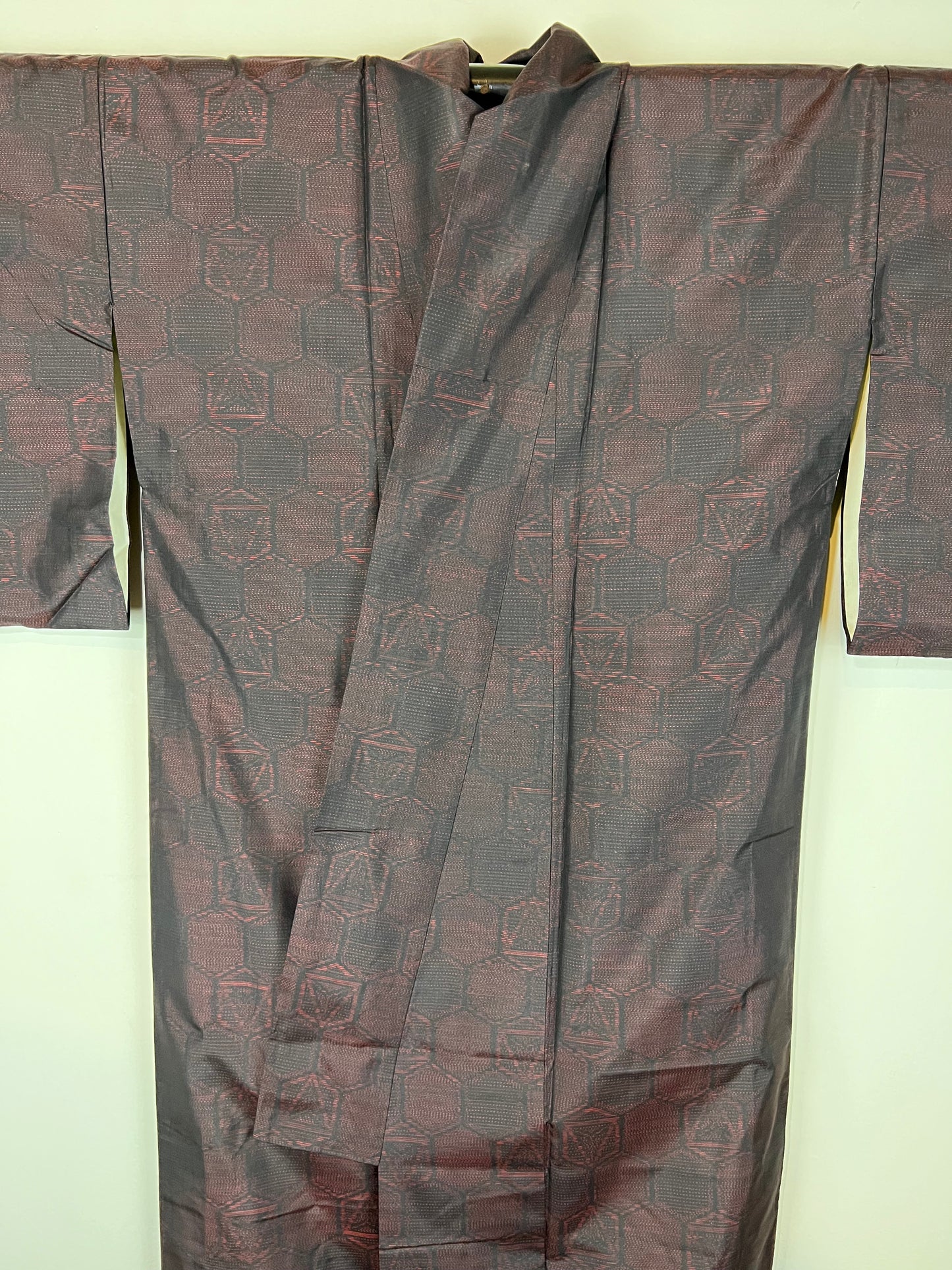 Vintage Japanese Silk Kimono Ruby Red & Black Hexagon Pattern 63"L