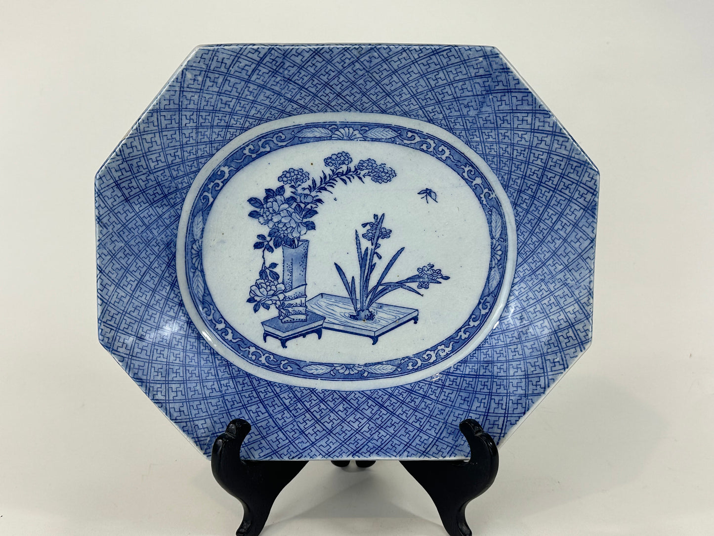Antique Japanese Meiji Era Octagonal Ceramic Imari Plates Ikebana Motif
