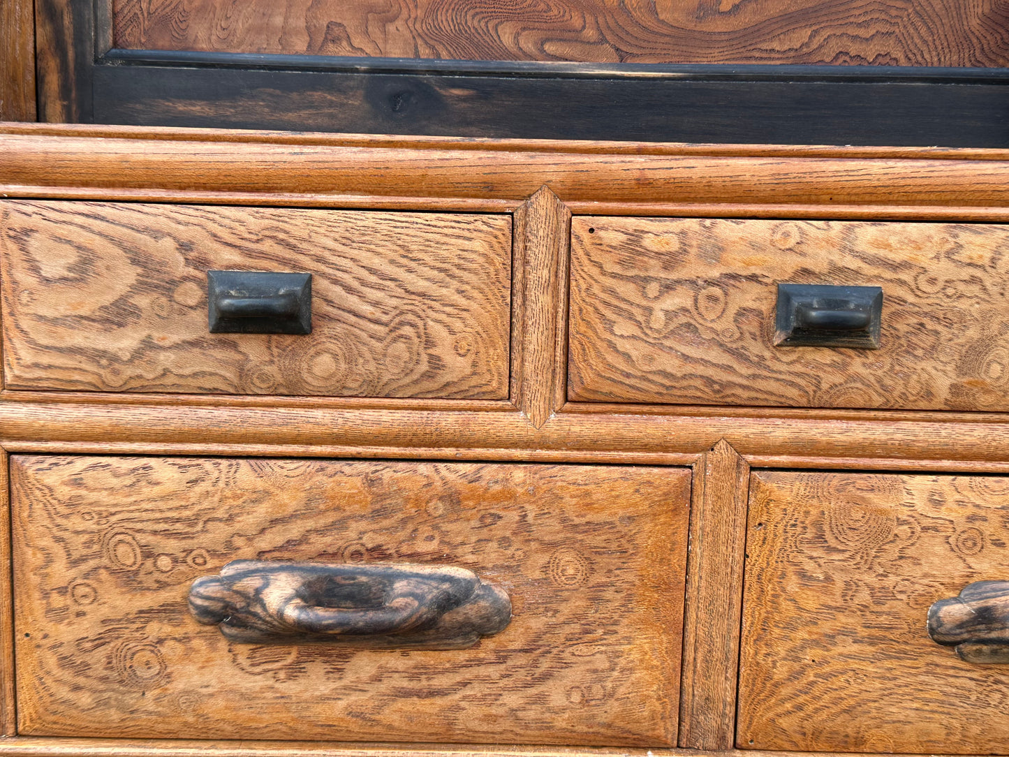 Rare Antique Japanese Keyaki Chadansu c1937 Cabinet Carved Crane & Turtle Finials Persimmon Trim 36"W