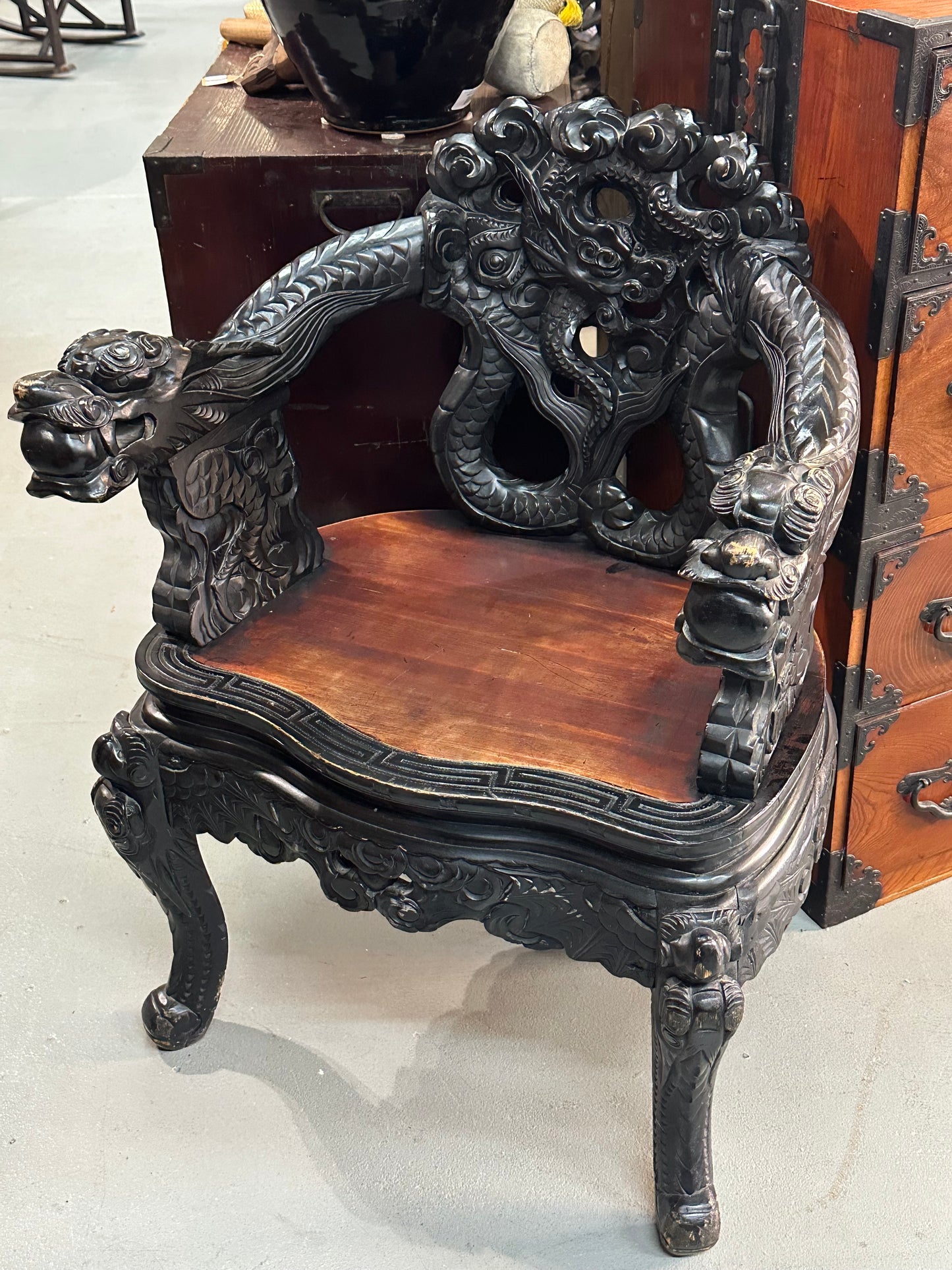 Japanese Dragon-Carved Export Armchair in Sugi Wood Meiji Era, c.1900 18" Seat