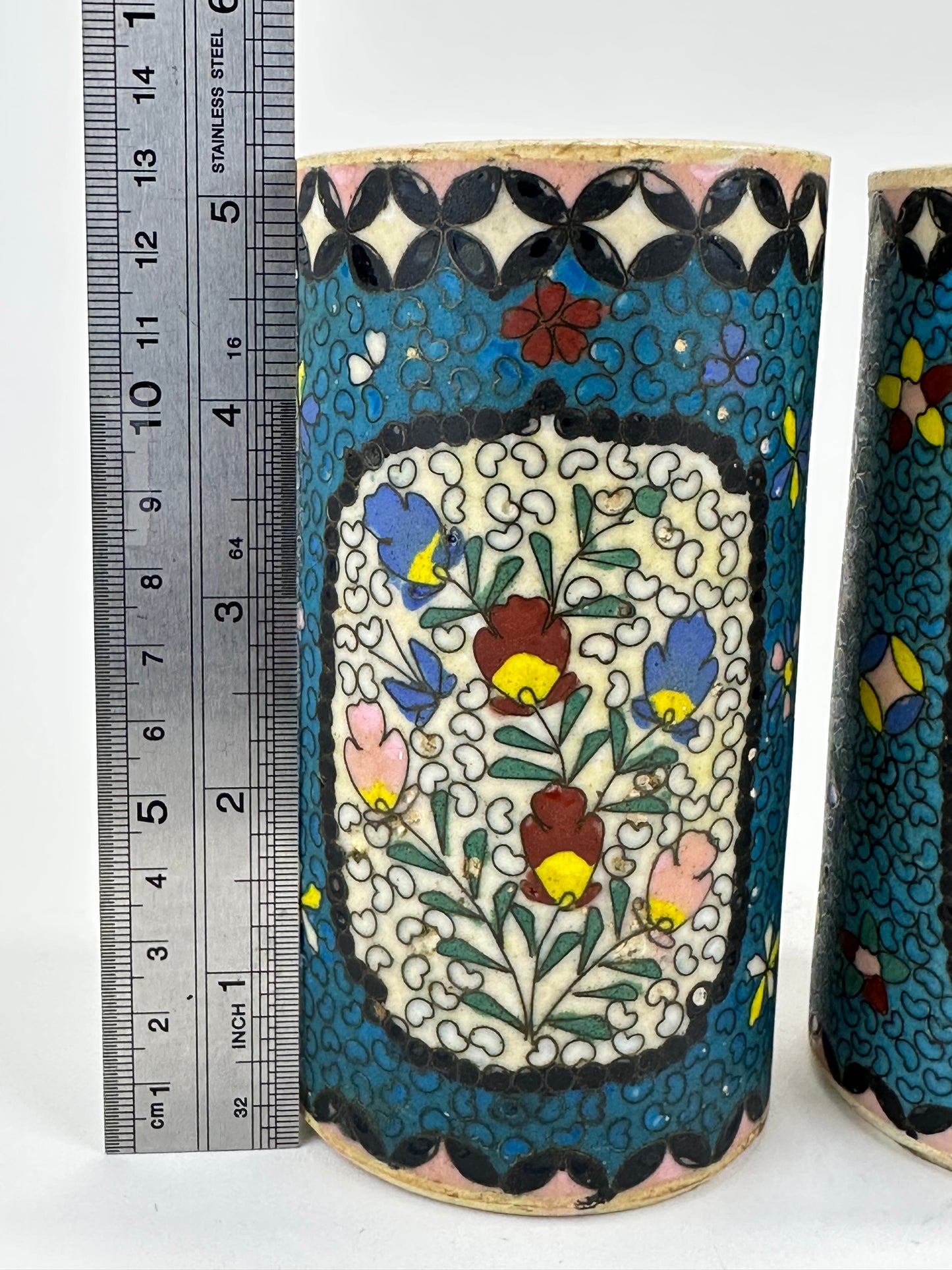 Antique Japanese Kinkozan Style Cloisonné Brush Pots Pair 5.25"H