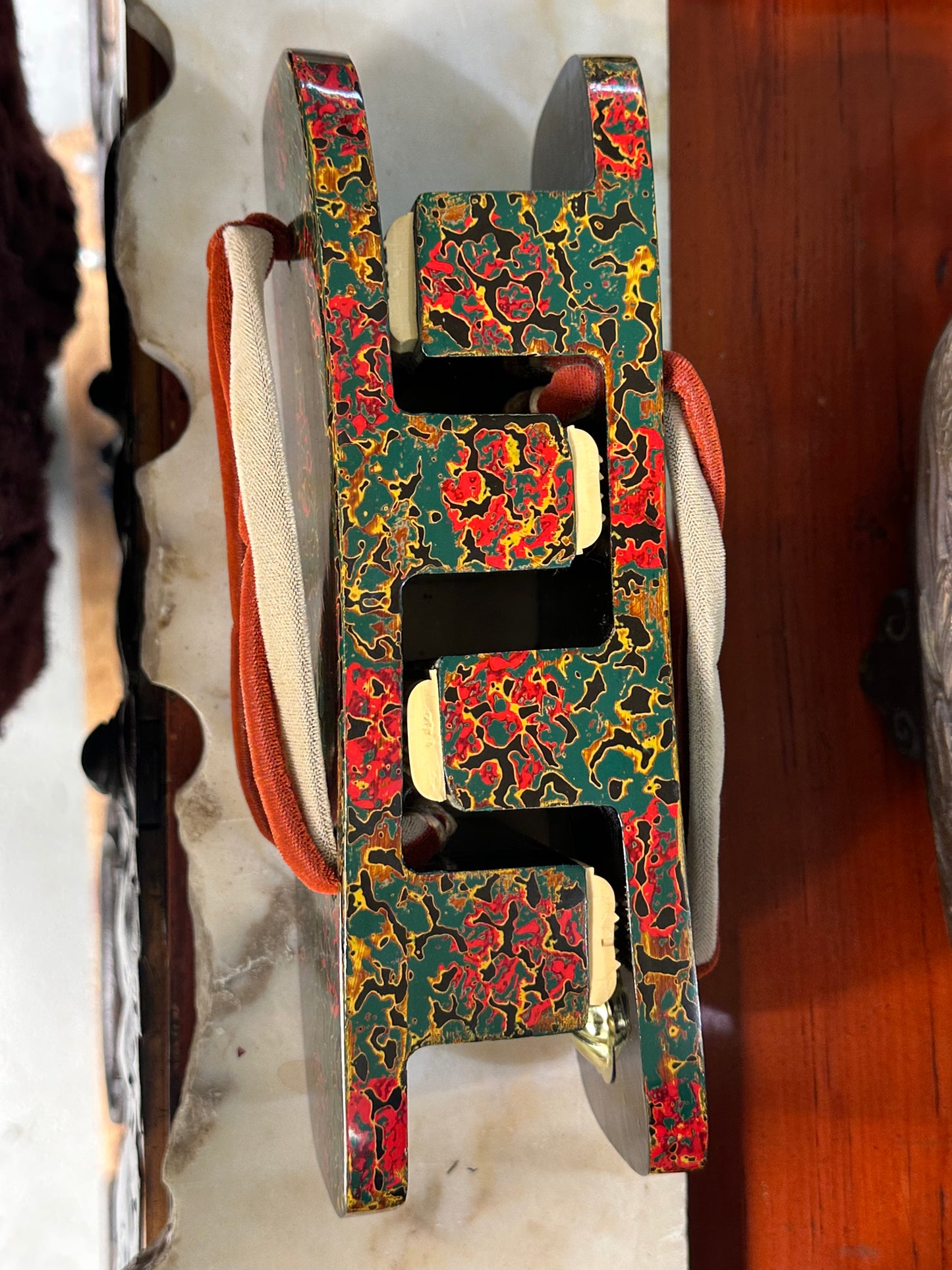 Antique Japanese Lacquered Nurigeta Marbled Lacquer Velvet Straps Pair 9"L